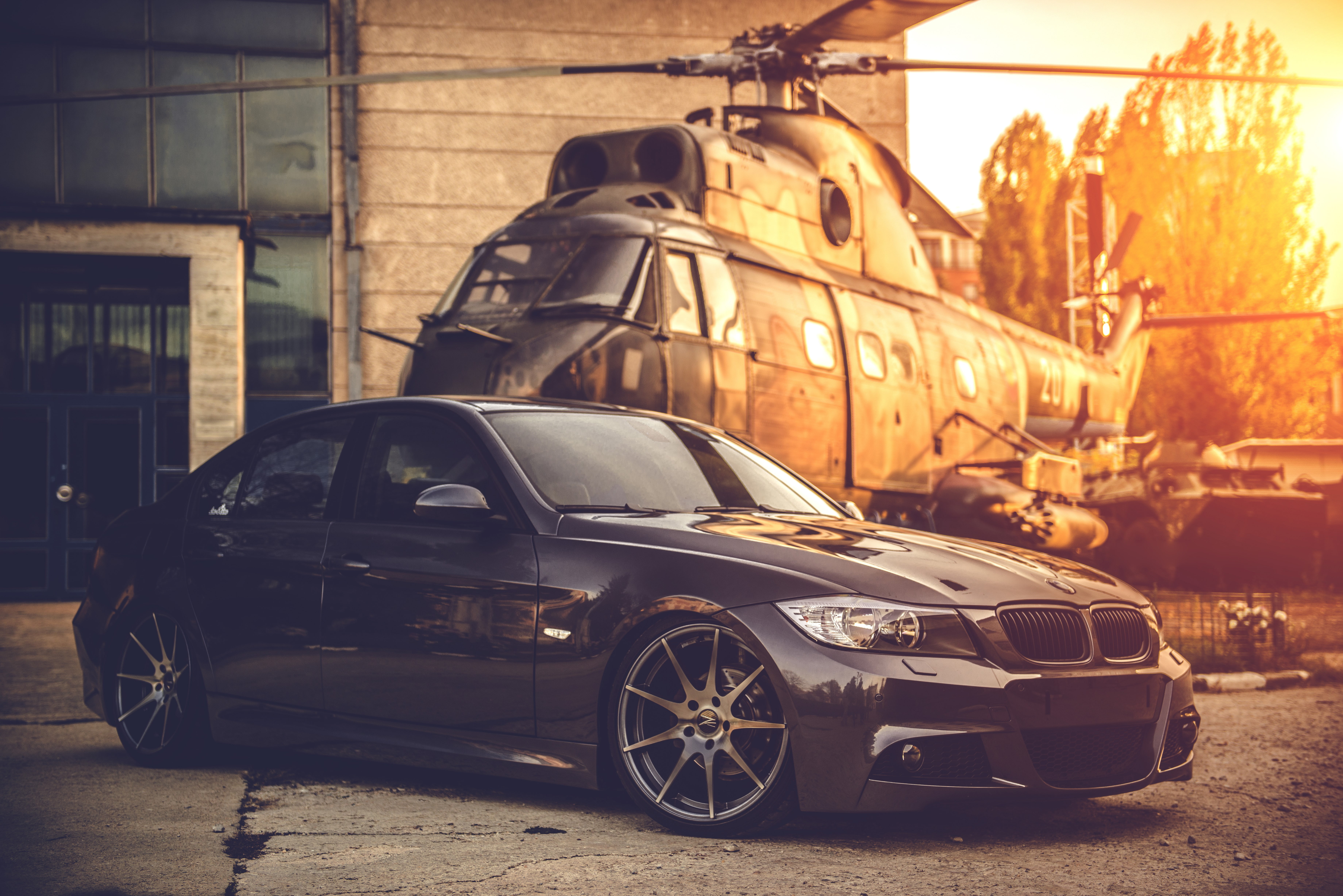transportation, Helicopter, wheel, stationary, Bmw, mode of transportation, travel, retro styled, city, sunlight, sky, road, E90, 5K, built structure, HD Wallpaper