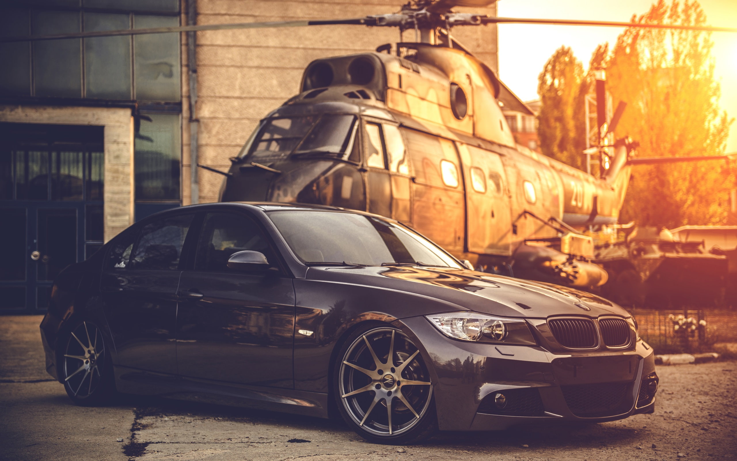 BMW, Car, Helicopter, Sunset, 2K, e, HD Wallpaper