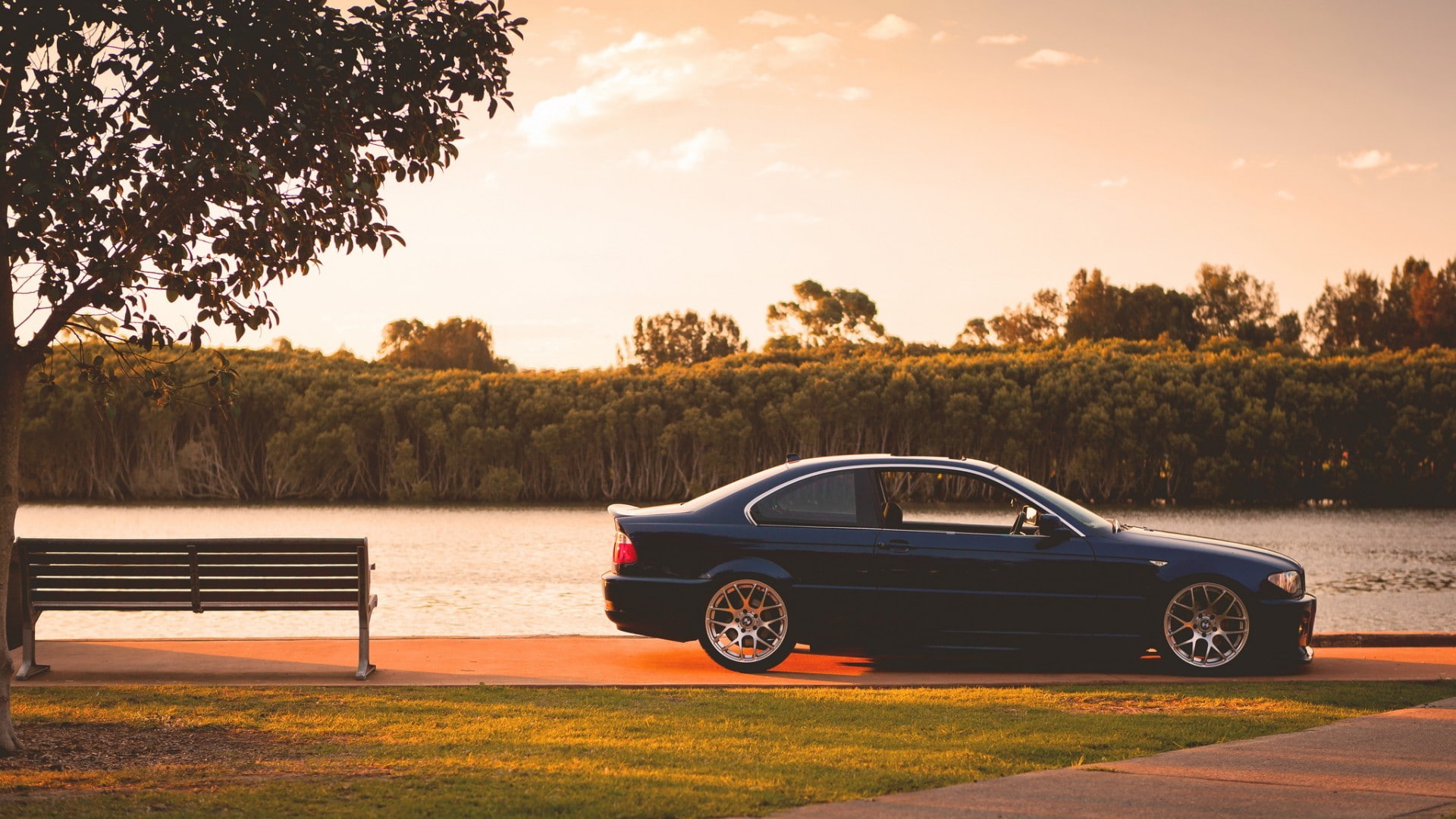 river, orange color, cloud - sky, car, luxury, sunset, day, mode of transportation, 1080P, nature, plant, sky, transportation, vehicle, no people, e46, HD Wallpaper