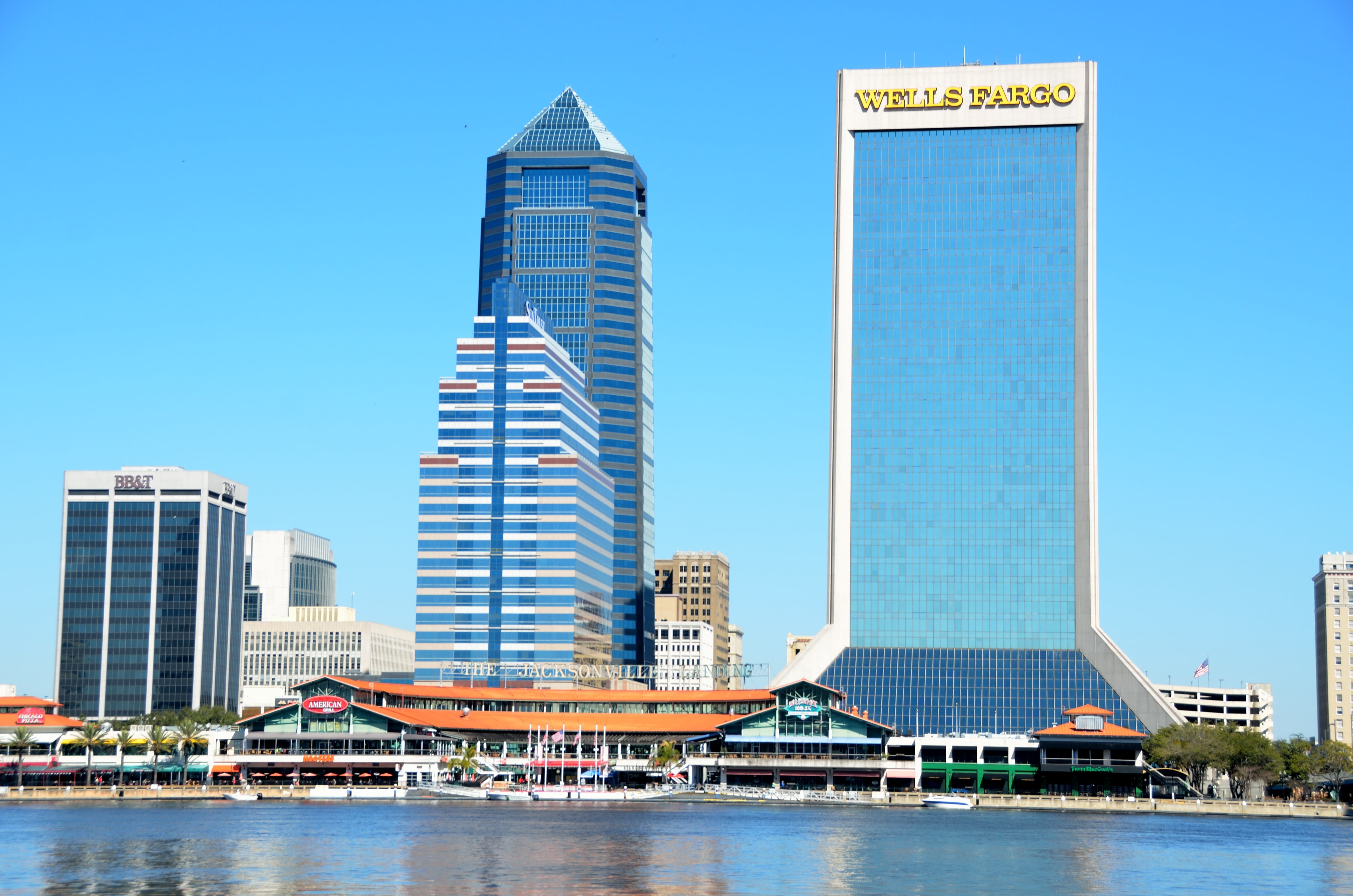 financial district, office, building exterior, river front, city, nature, clear sky, architecture, downtown, america, Jacksonville, jacksonville, water, HD Wallpaper
