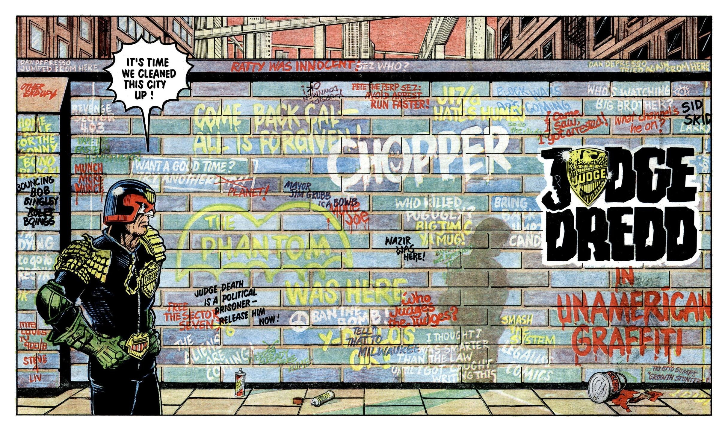real people, standing, outdoors, graffiti, western script, communication, street art, creativity, lifestyles, building exterior, judge dredd, non-western script, HD Wallpaper