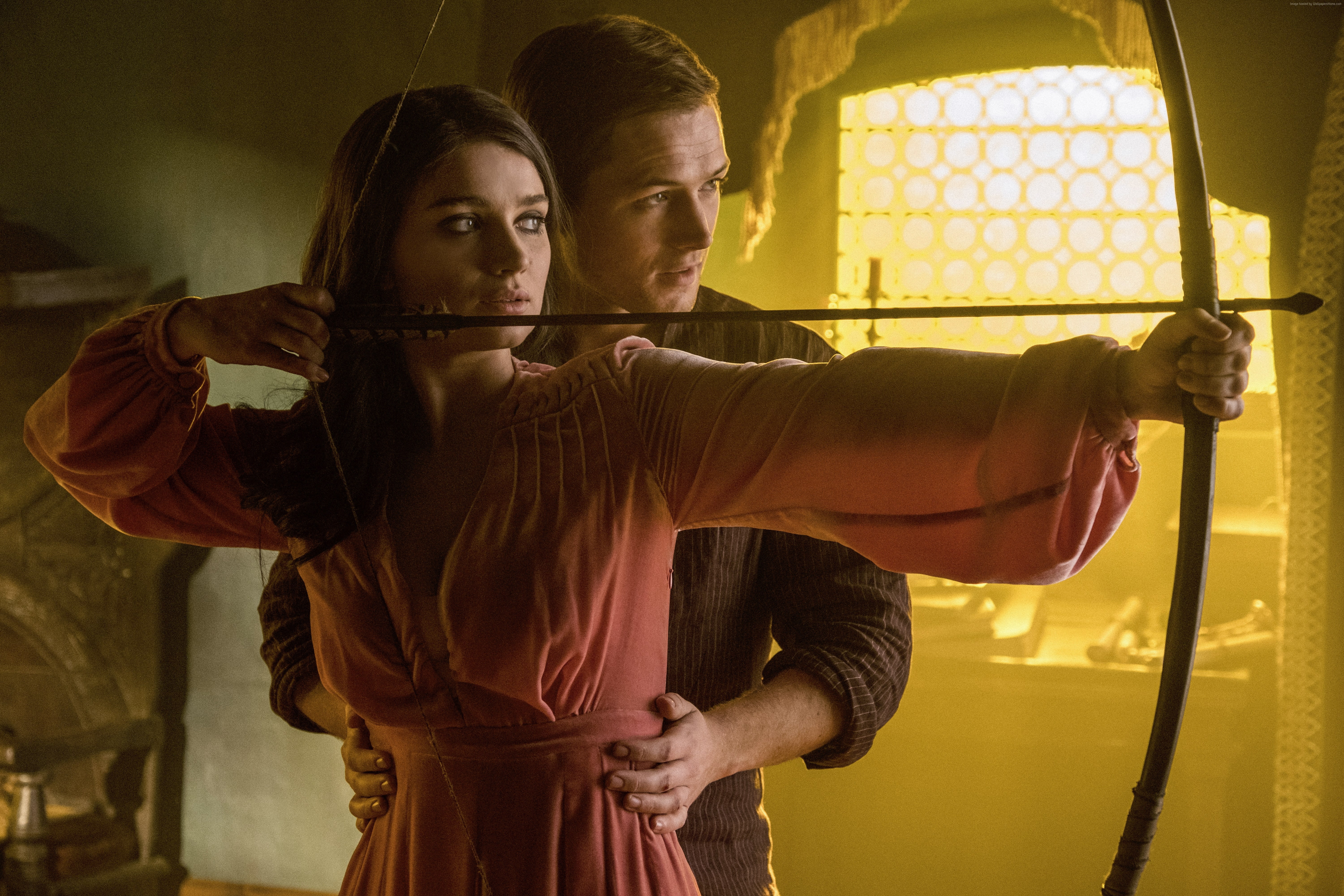 indoors, Jamie Foxx, 6K, waist up, Robin Hood, sport, lifestyles, Taron Egerton, couple - relationship, young men, young adult, practicing, 4K, Eve Hewson, HD Wallpaper