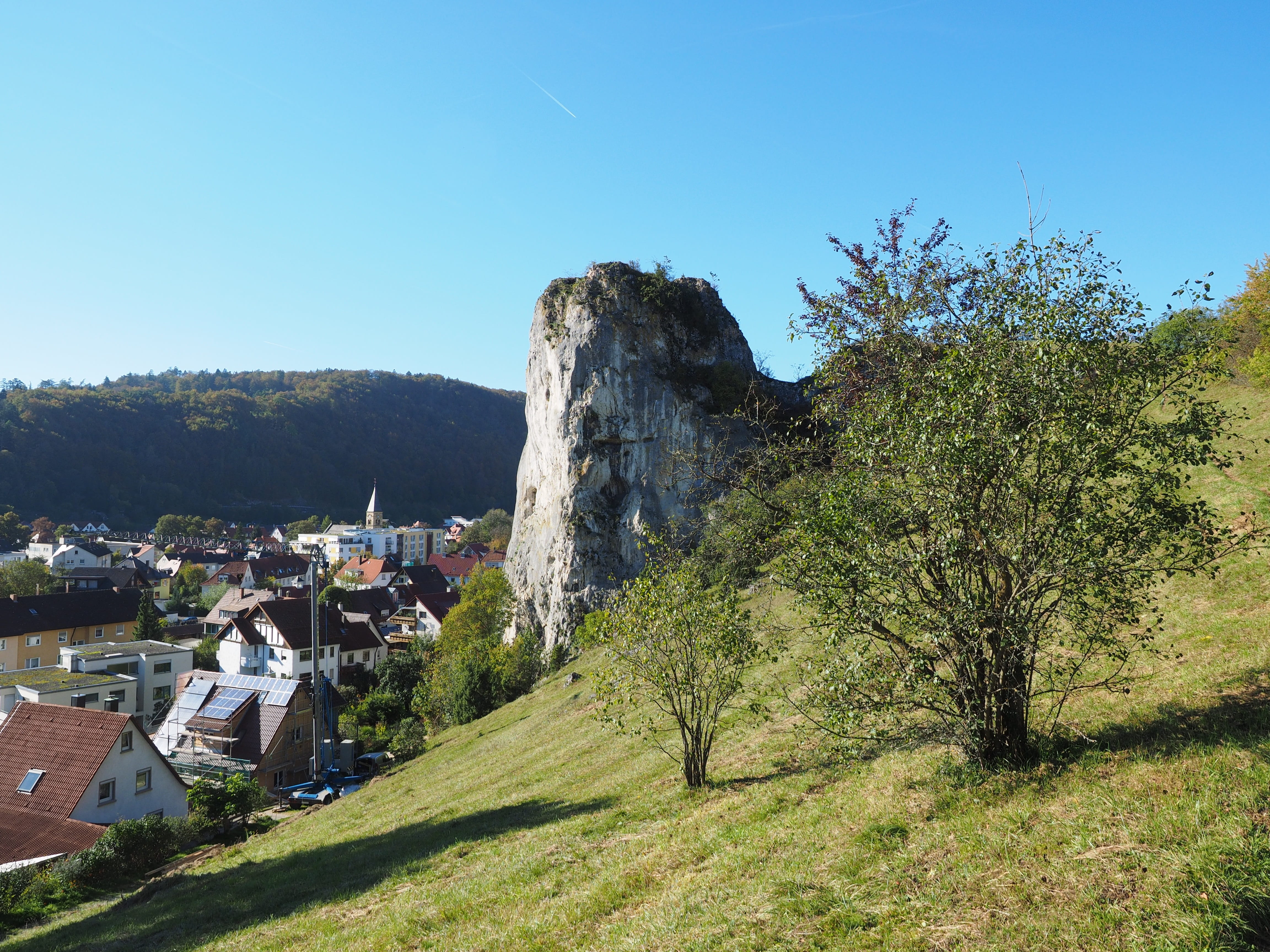 land, blaubeuren, building exterior, built structure, city, blue, no people, rock, tree, idyll, building, jerk, nature, metzger rock, day, outdoors, plant, HD Wallpaper