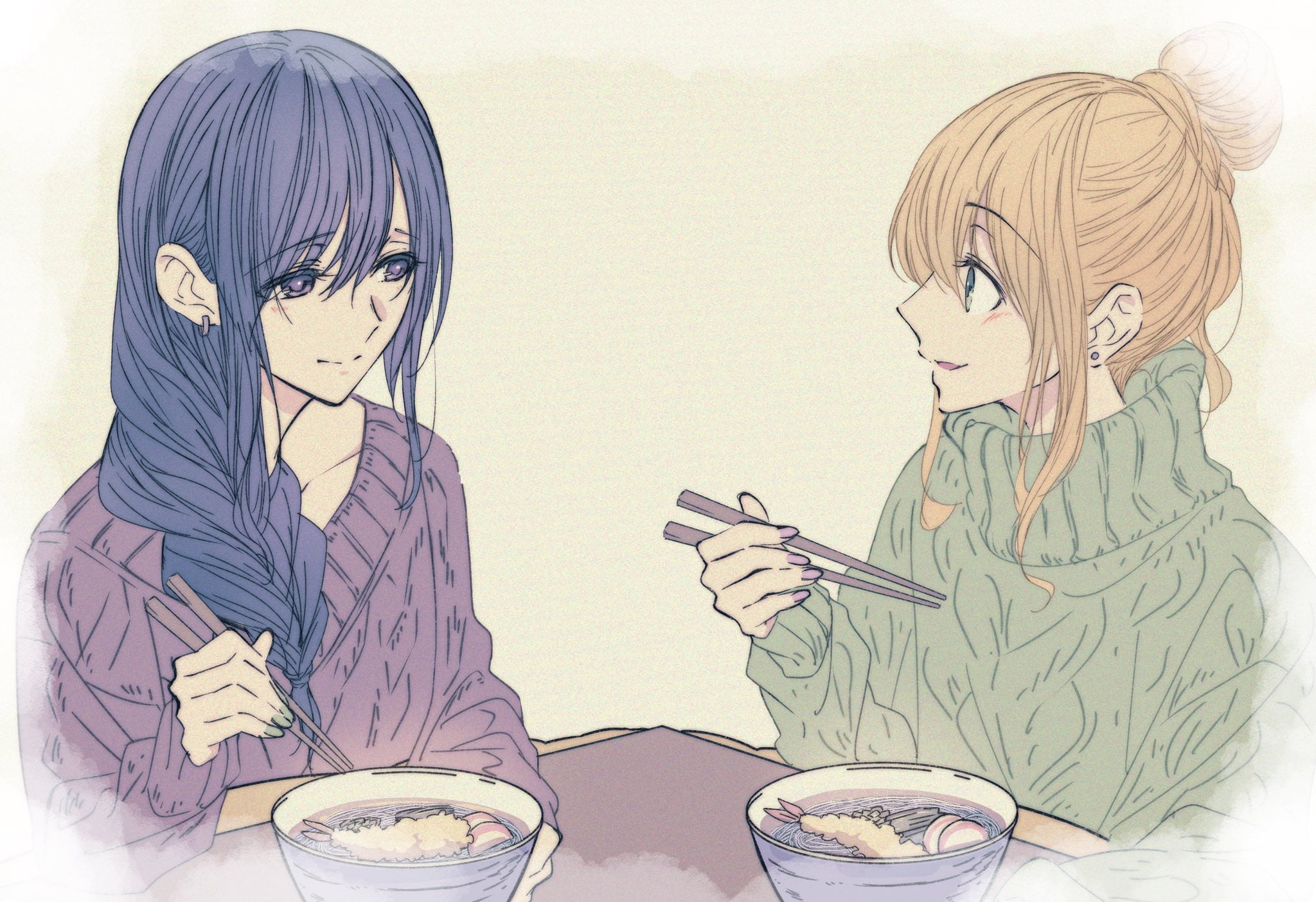 anime girls, purple eyes, noodles, chopsticks, Citrus (manga), anime, long hair, 1080P, yuri, dark hair, HD Wallpaper