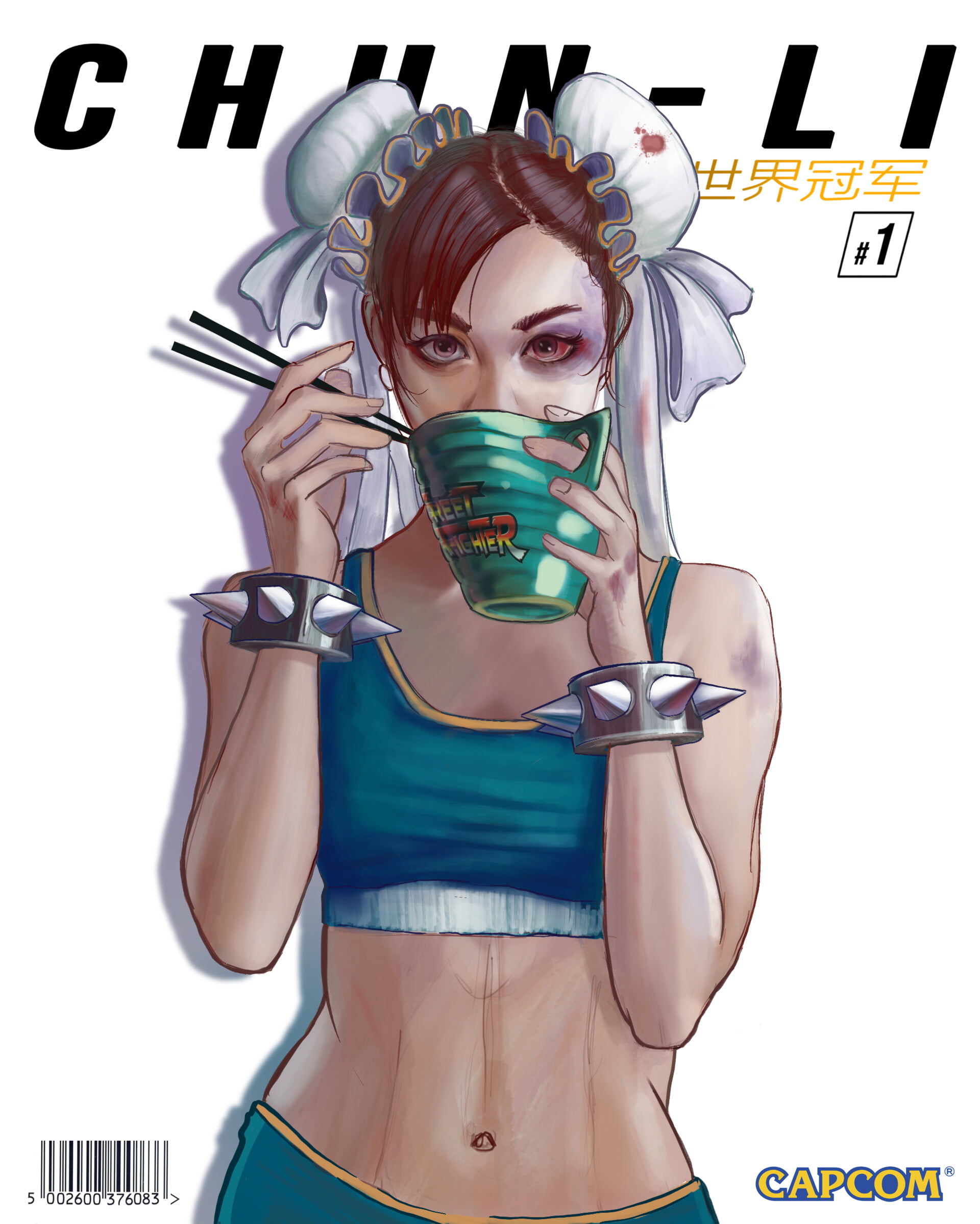 digital painting, Chun-Li, video game girls, artwork, looking at viewer, Marcin Bystrzycki, ArtStation, spikes, Street Fighter, eating, digital art, simple background, Phone HD Wallpaper