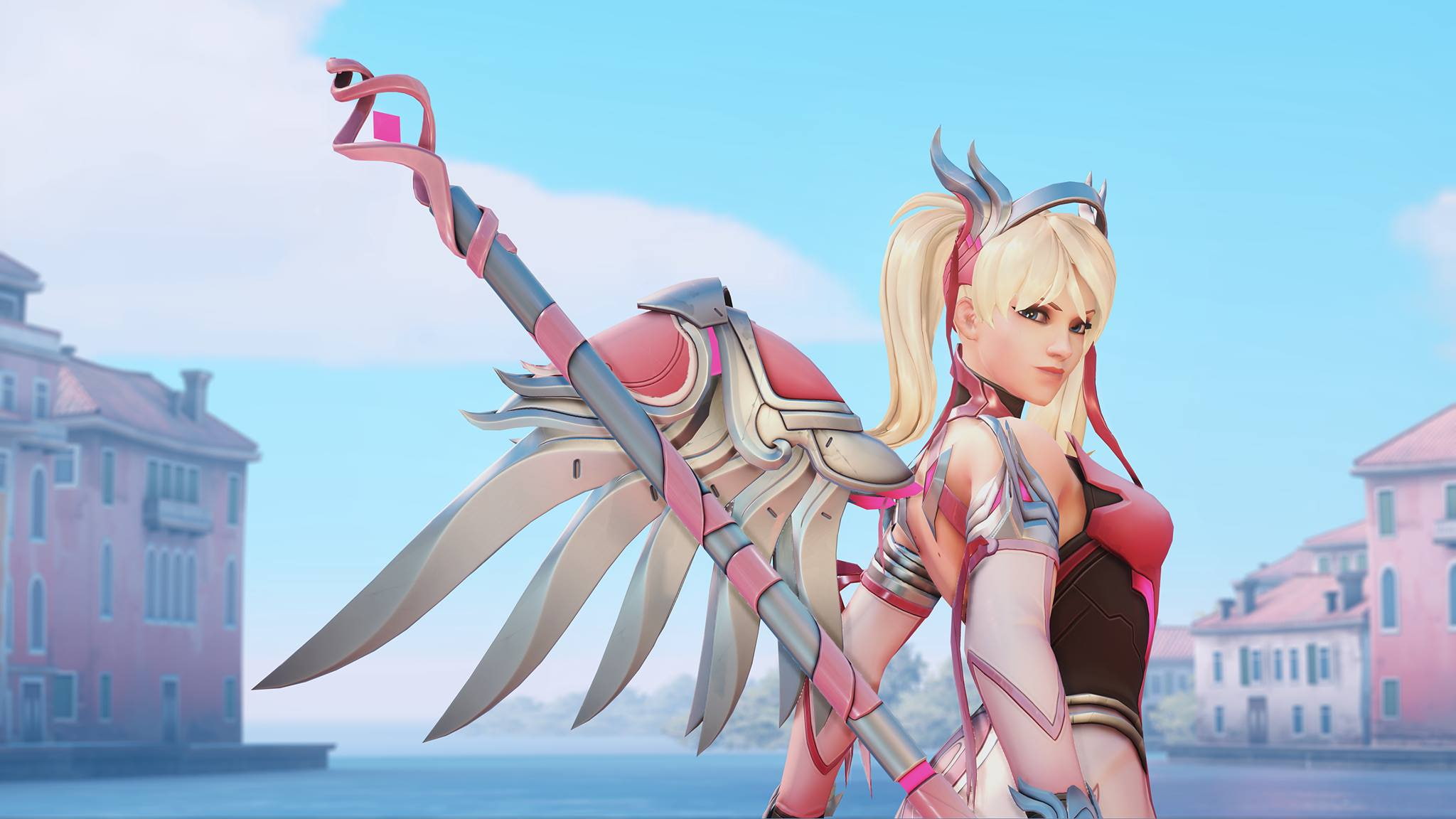 day, hair, pink, young adult, Rialto, wings, 1080P, real people, blonde, Overwatch, wind, standing, lifestyles, young women, clothing, fashion, Mercy (Overwatch), HD Wallpaper