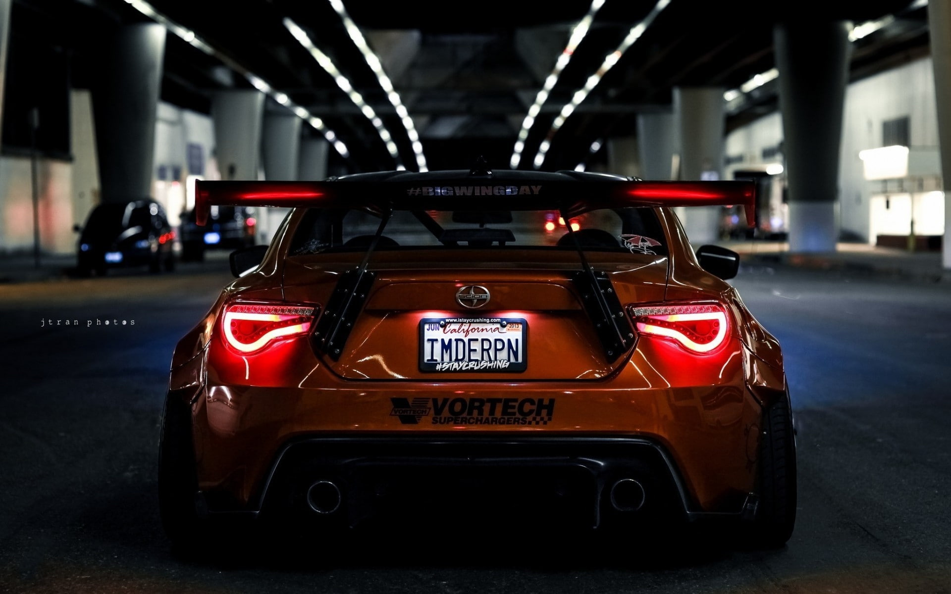 indoors, retro styled, architecture, 1080P, city, car, transportation, Vehicle, orange, sport, red, illuminated, stationary, toyota 86, land vehicle, mode of transportation, HD Wallpaper