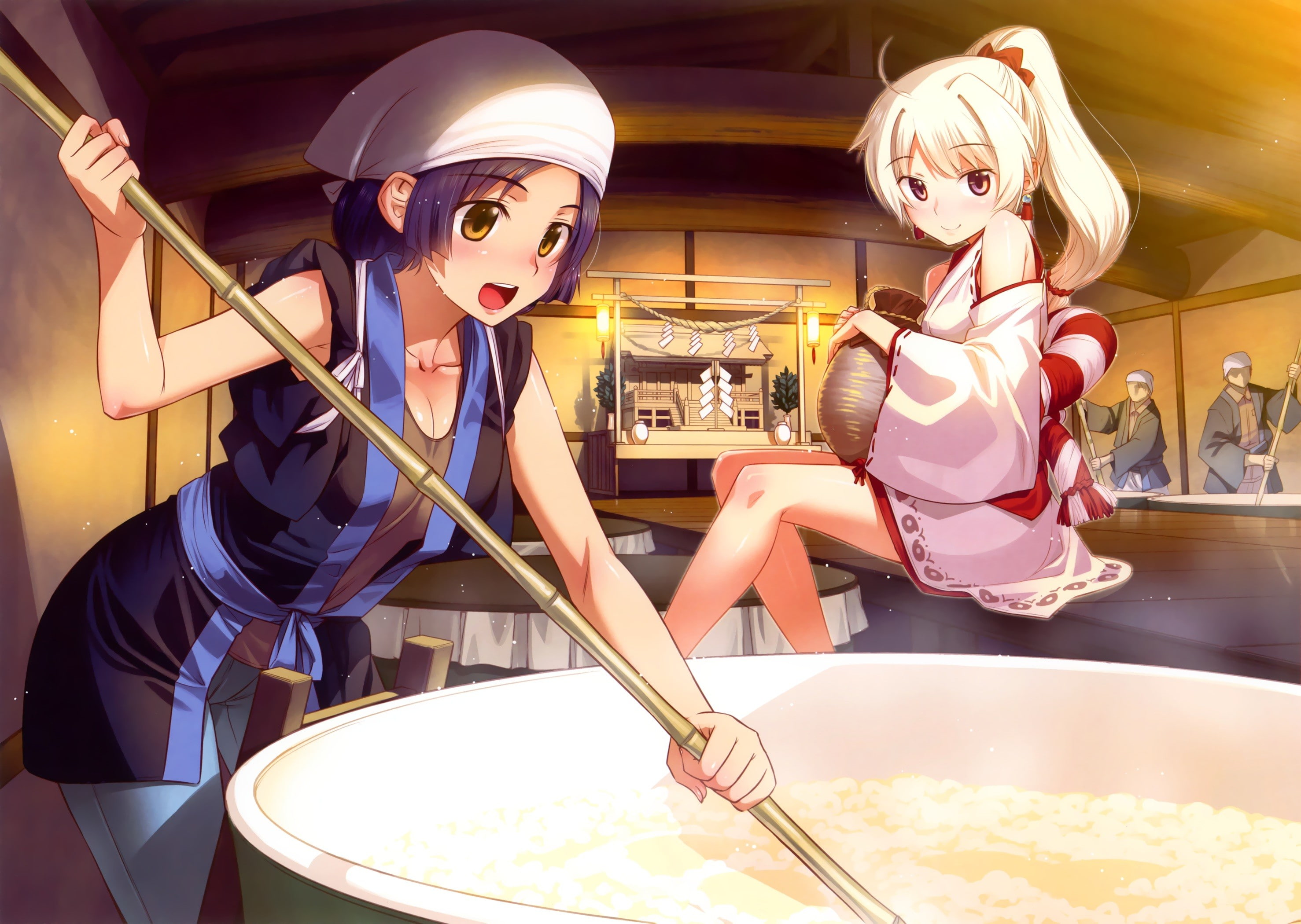 Japanese clothes, original characters, kitchen utensil, females, preparation, home, women, childhood, household equipment, ponytail, kitchen, holding, standing, HD Wallpaper