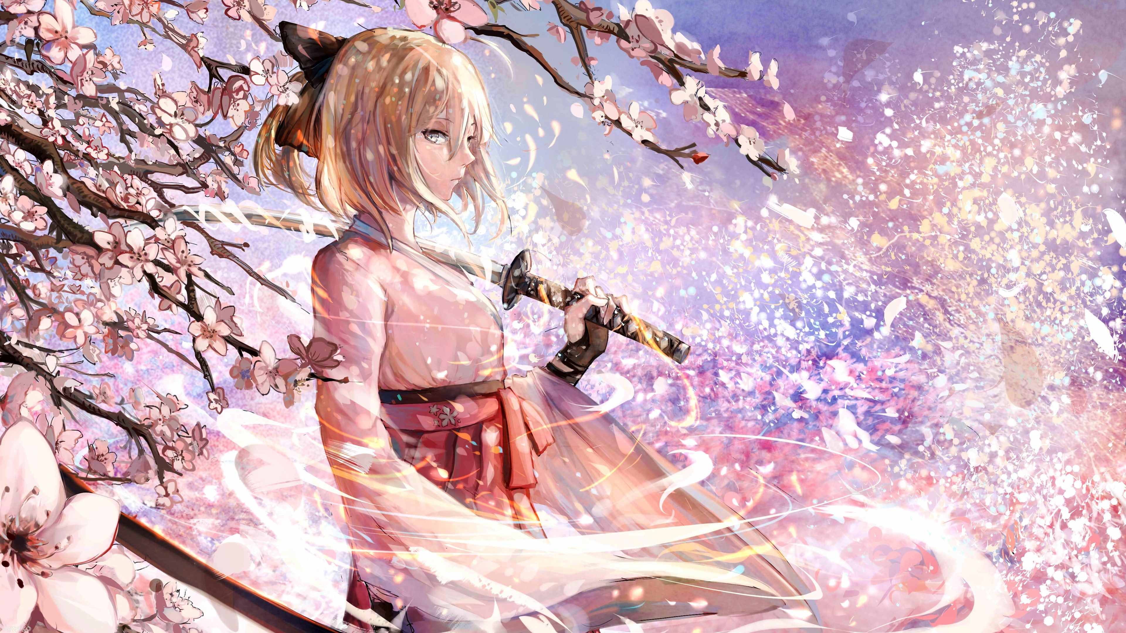 Miko, Anime Girls, Katana, Sakura Saber (Fate Grand Order), Fate Grand Order, Cherry Blossom, 4K, Fate Series, HD Wallpaper