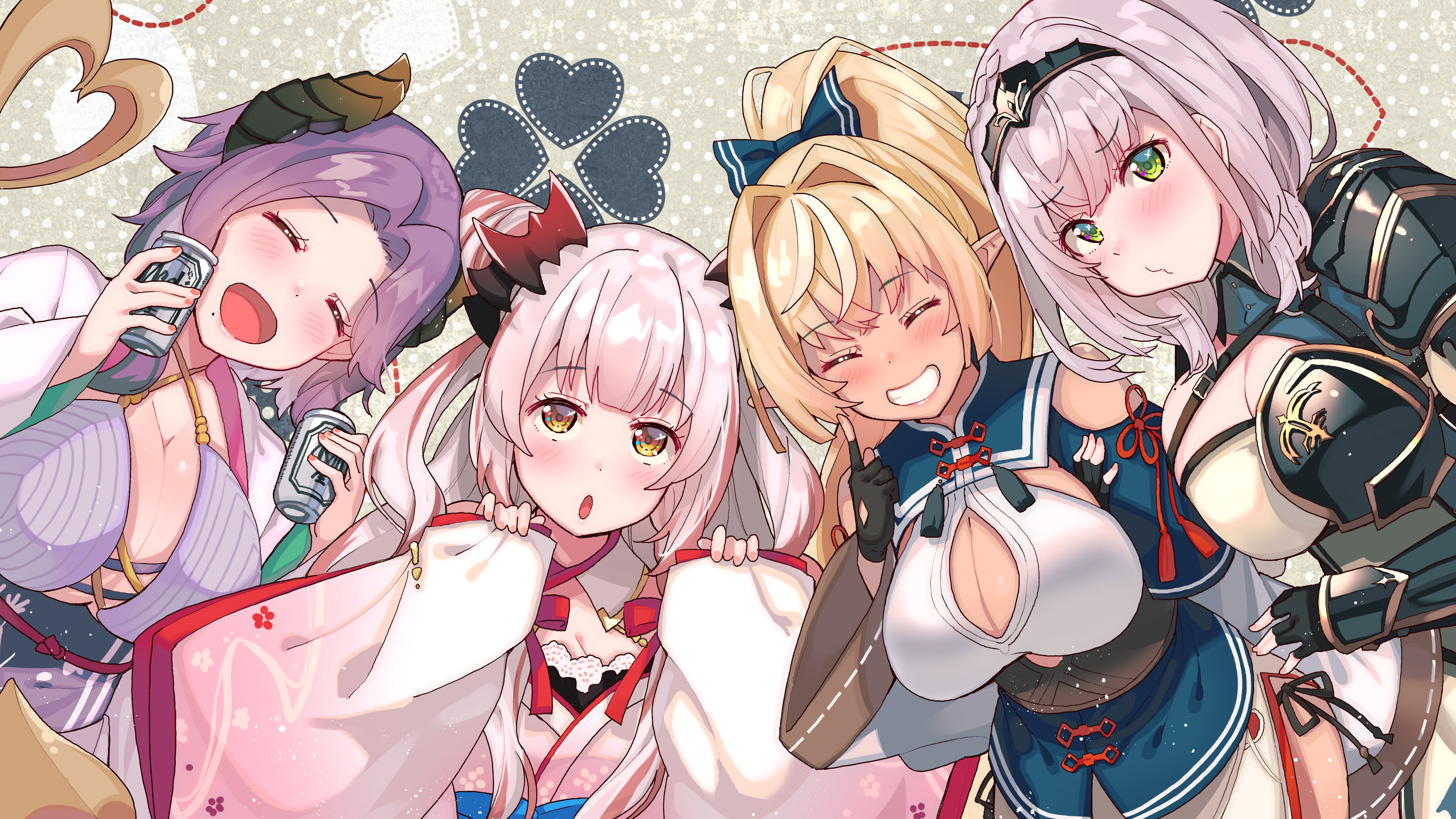 cleavage, armor, drawing, artwork, Armored, polka dots, fan art, anime girls, 2D, group of women, illustration, fantasy girl, Virtual Youtuber, blushing, HD Wallpaper