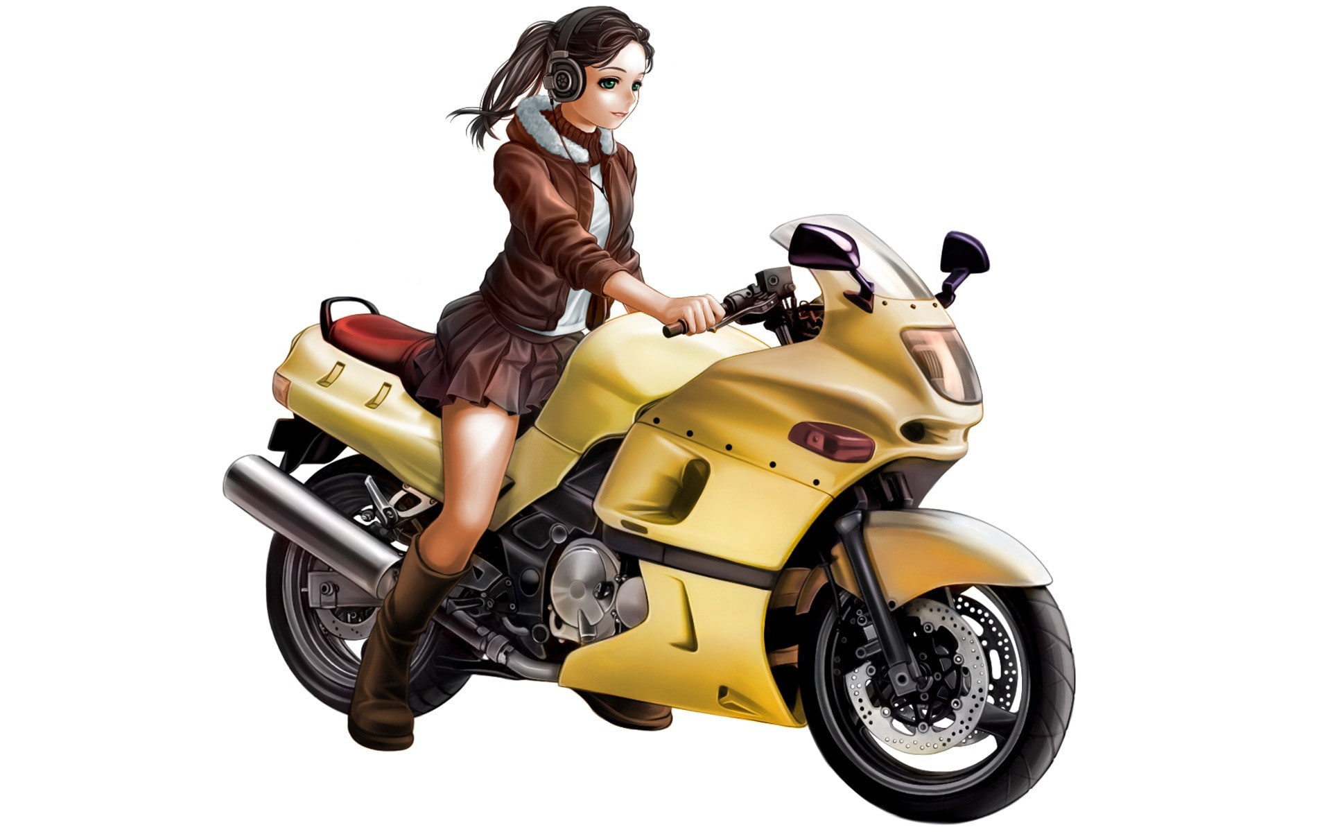 superbike, sugoi, girl, pretty, brunette, headphone, by kotikomori, anime, 1080P, HD Wallpaper
