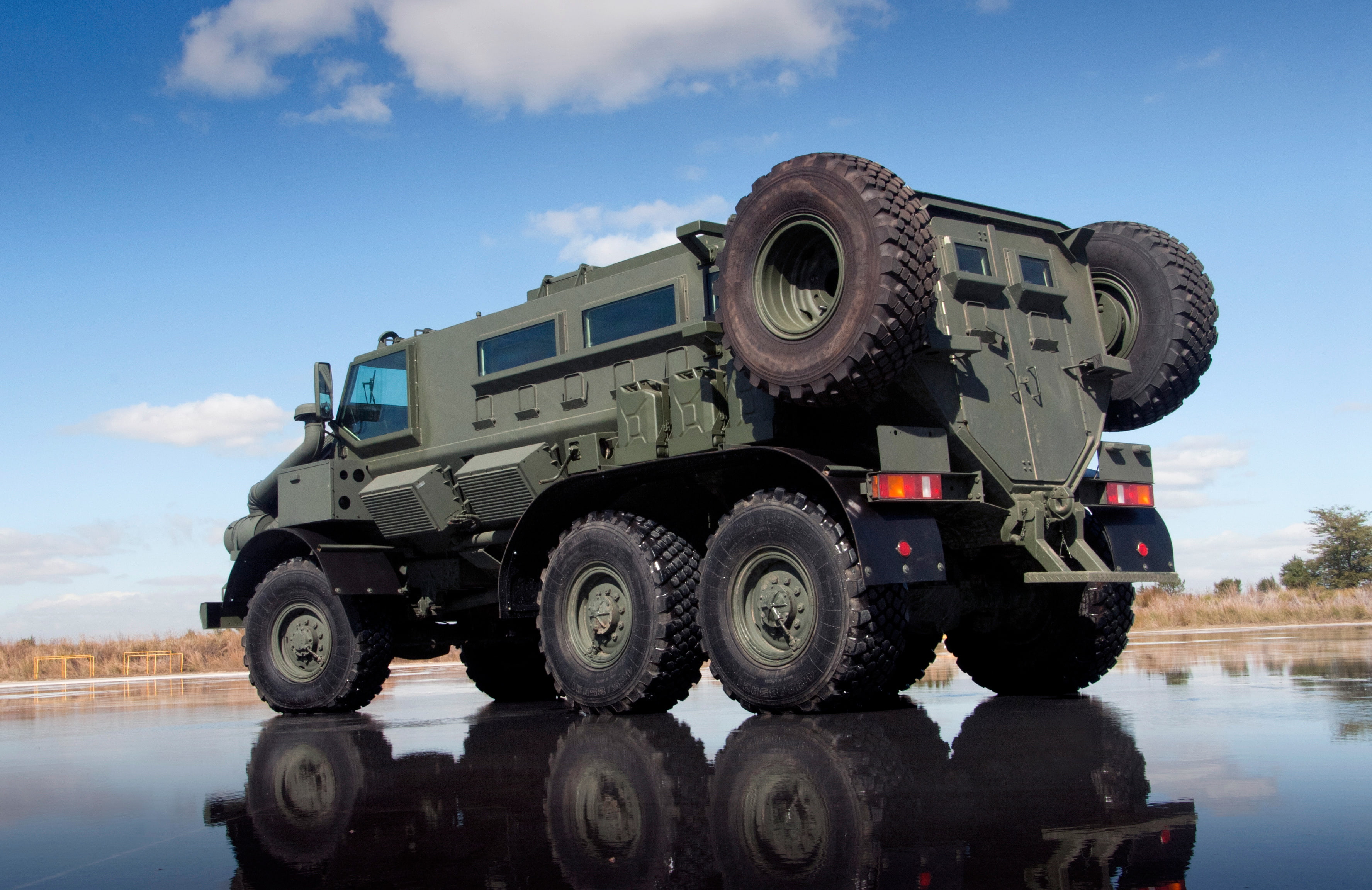 nature, RG Protector, reflection, day, weapon, land vehicle, 2K, low angle view, armored car, outdoors, humvee, tire, wheel, no people, sky, the sky, gray, HD Wallpaper