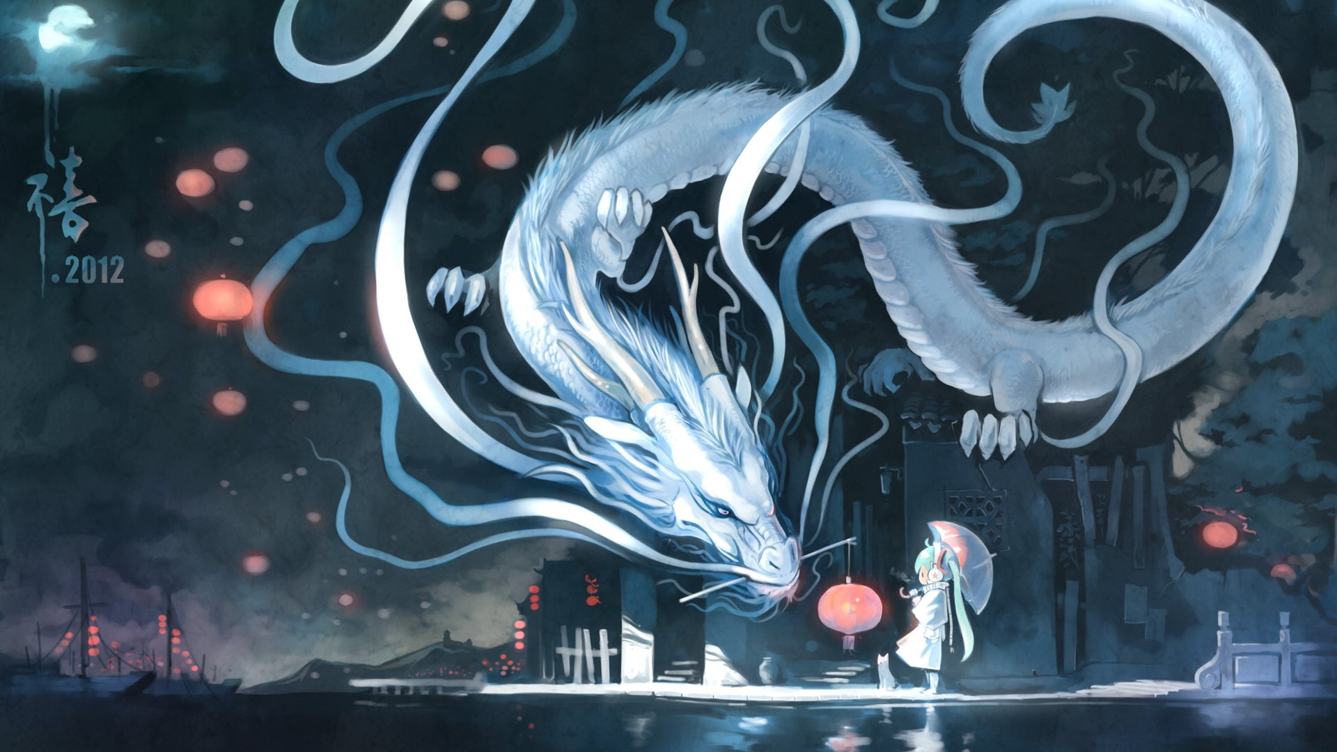 girl, protector, dama, dragon, feliz, 1080P, anime, cian, HD Wallpaper