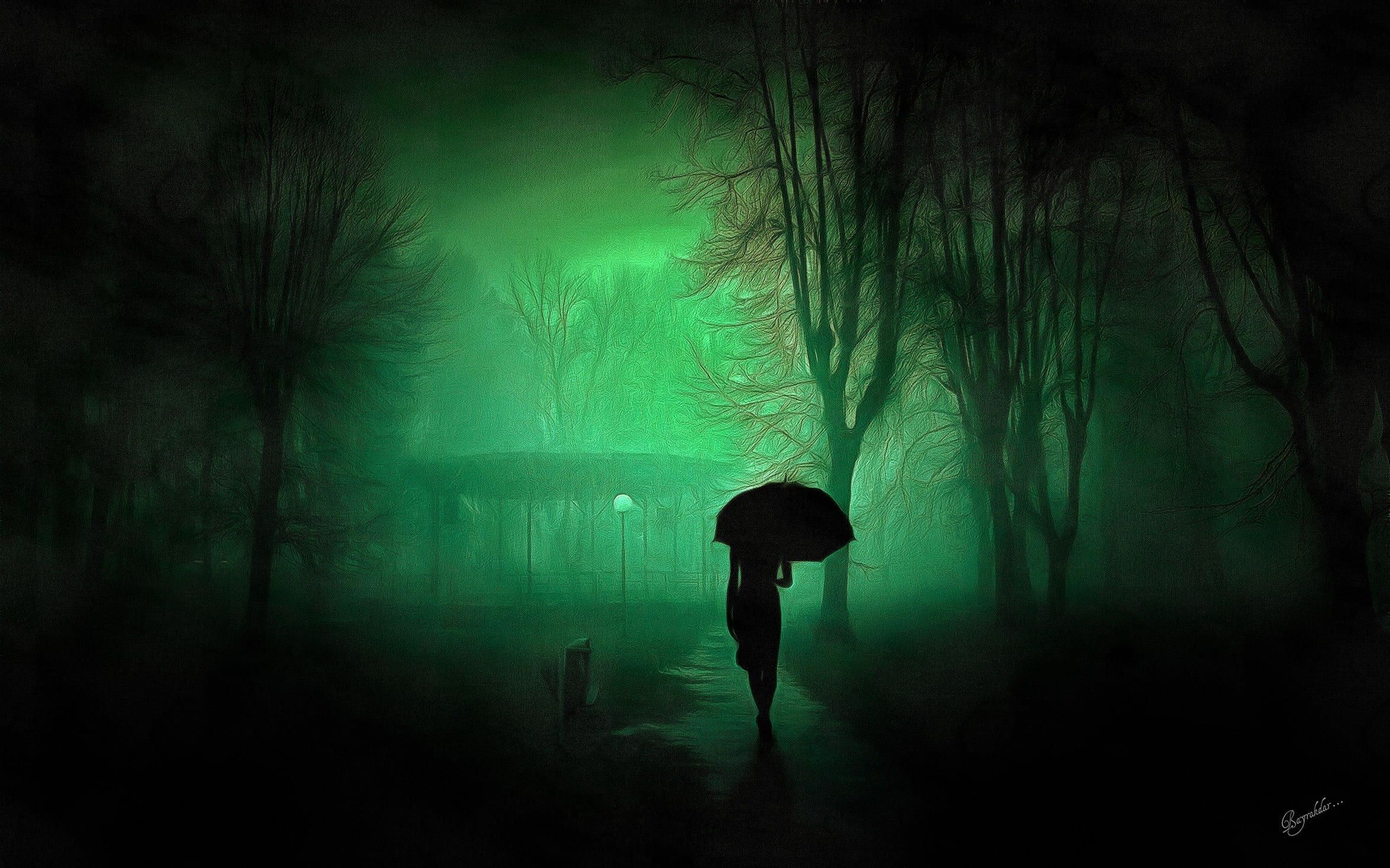 full length, nature, mystery, tree, plant, night, rain, 1080P, spooky, holding, silhouette, person, umbrella, wet, digital, forest, standing, HD Wallpaper