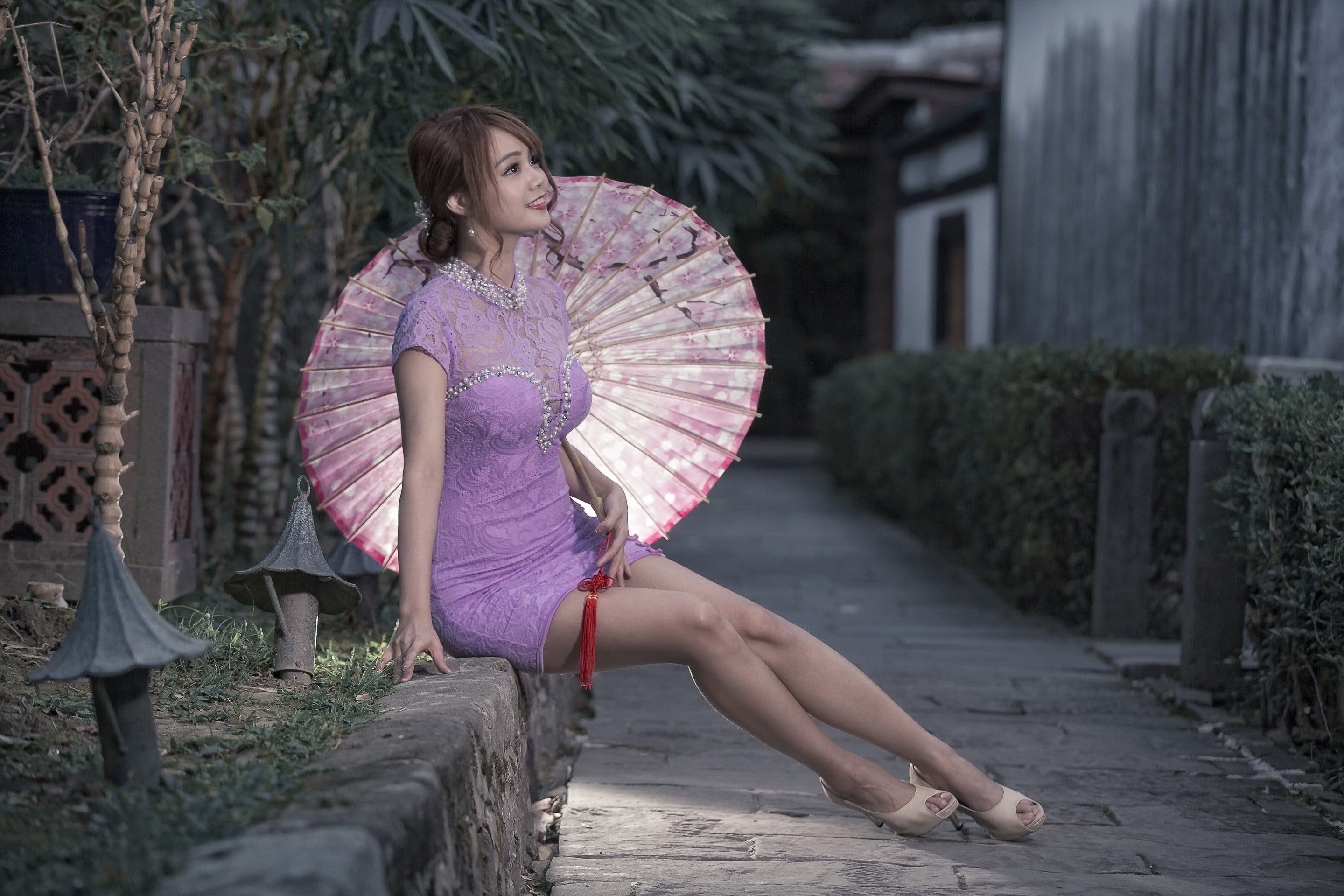 2K, purple, Asian, beautiful woman, pink color, one person, leisure activity, front view, plant, day, young adult, clothing, fashion, lifestyles, portrait, HD Wallpaper