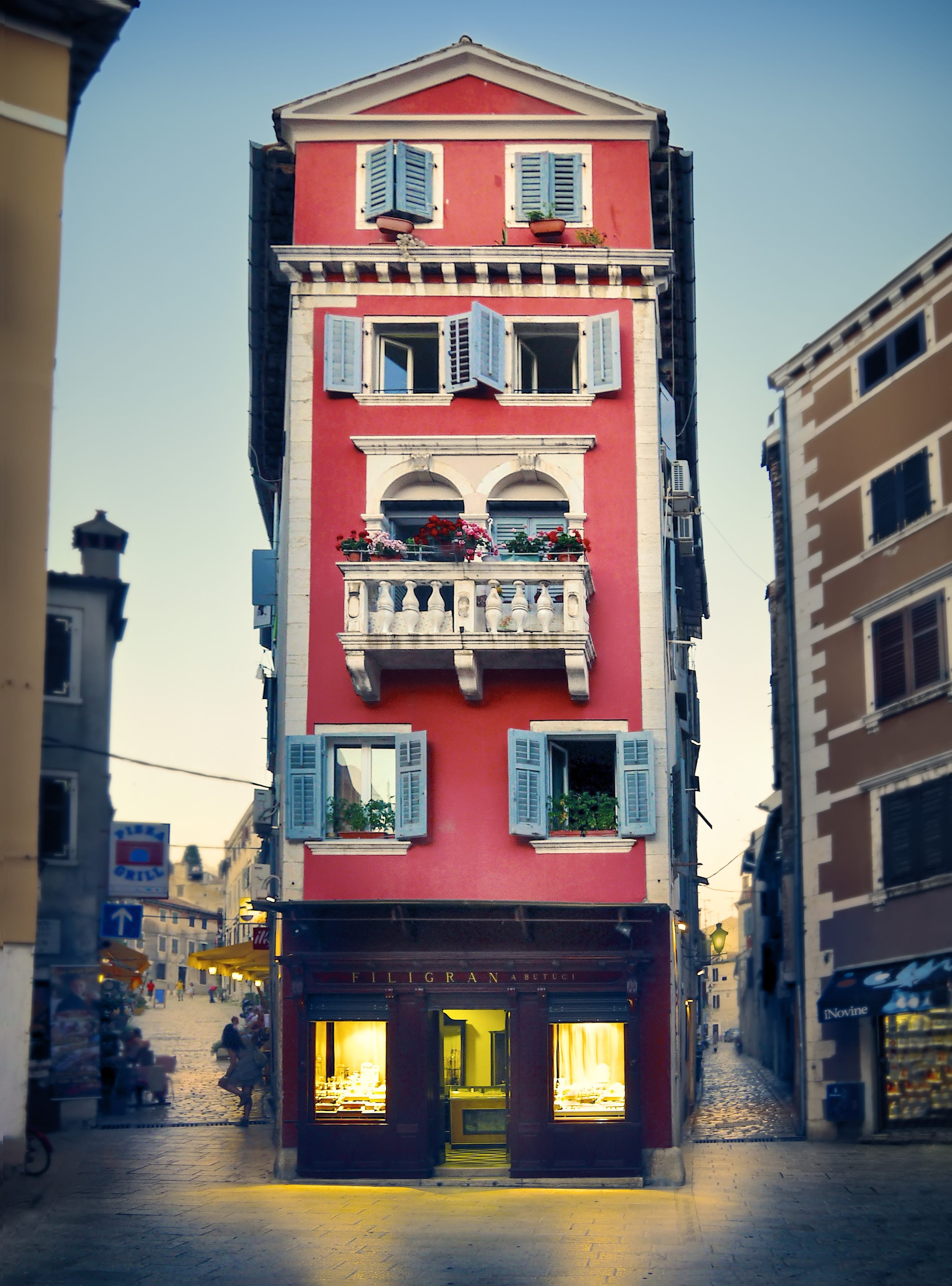 pink, town center, historic old town, road, 2K, concrete, architecture, fuel and power generation, istria, high rise building, night life, old town, houses facades, Phone HD Wallpaper