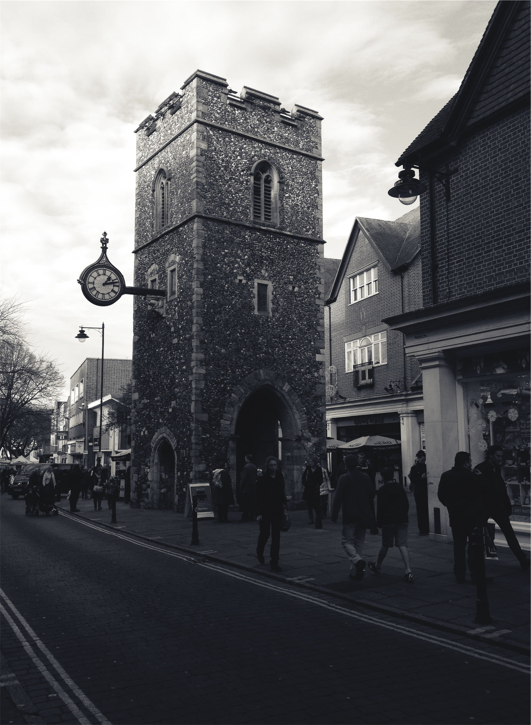 architecture, sky, clock, large group of people, transportation, photo, 1080P, beside, shops, outdoors, near, stores, walking, real people, black and white, Phone HD Wallpaper