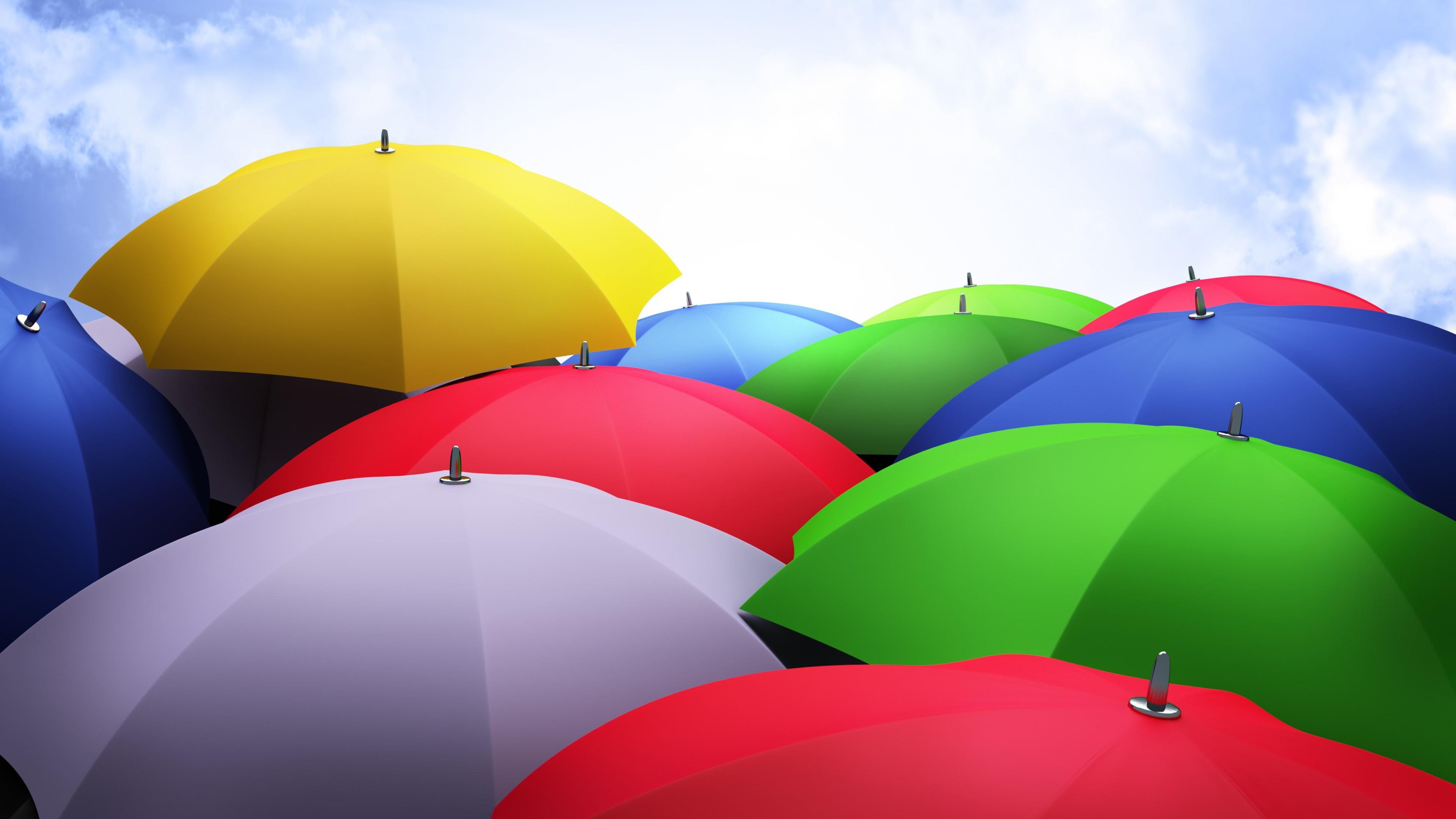 colorful, colors, 4K, sky, umbrellas, clouds, 3d, HD Wallpaper