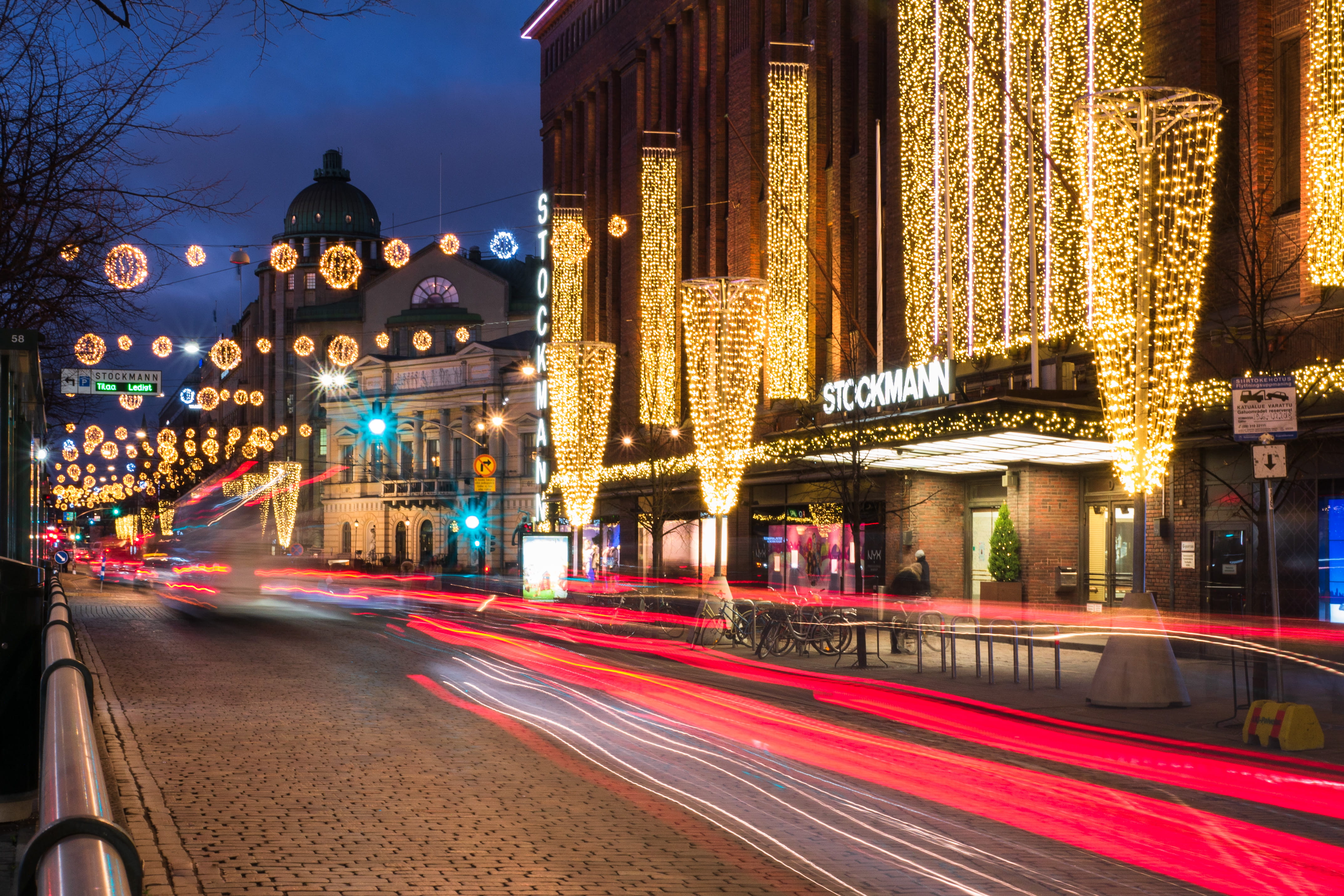 city lights, street, night, christmas light, 4K, stockmann, speed, motion, mode of transportation, finland, architecture, street light, long exposure, HD Wallpaper