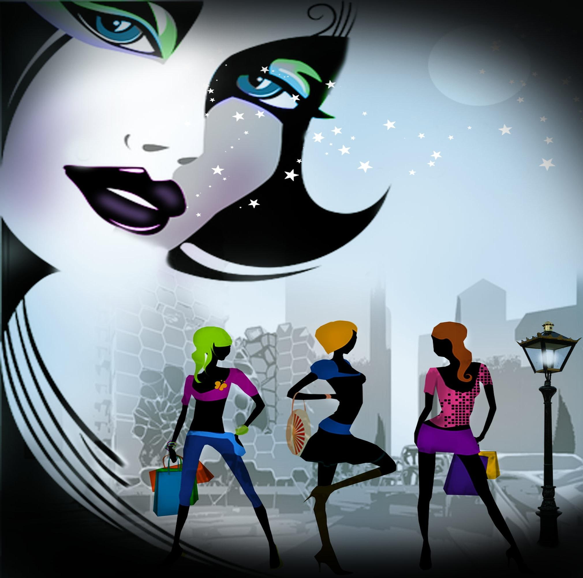 3d and abstract, drawing, night, streetlight, moon, stars, 1080P, girls, colours, HD Wallpaper