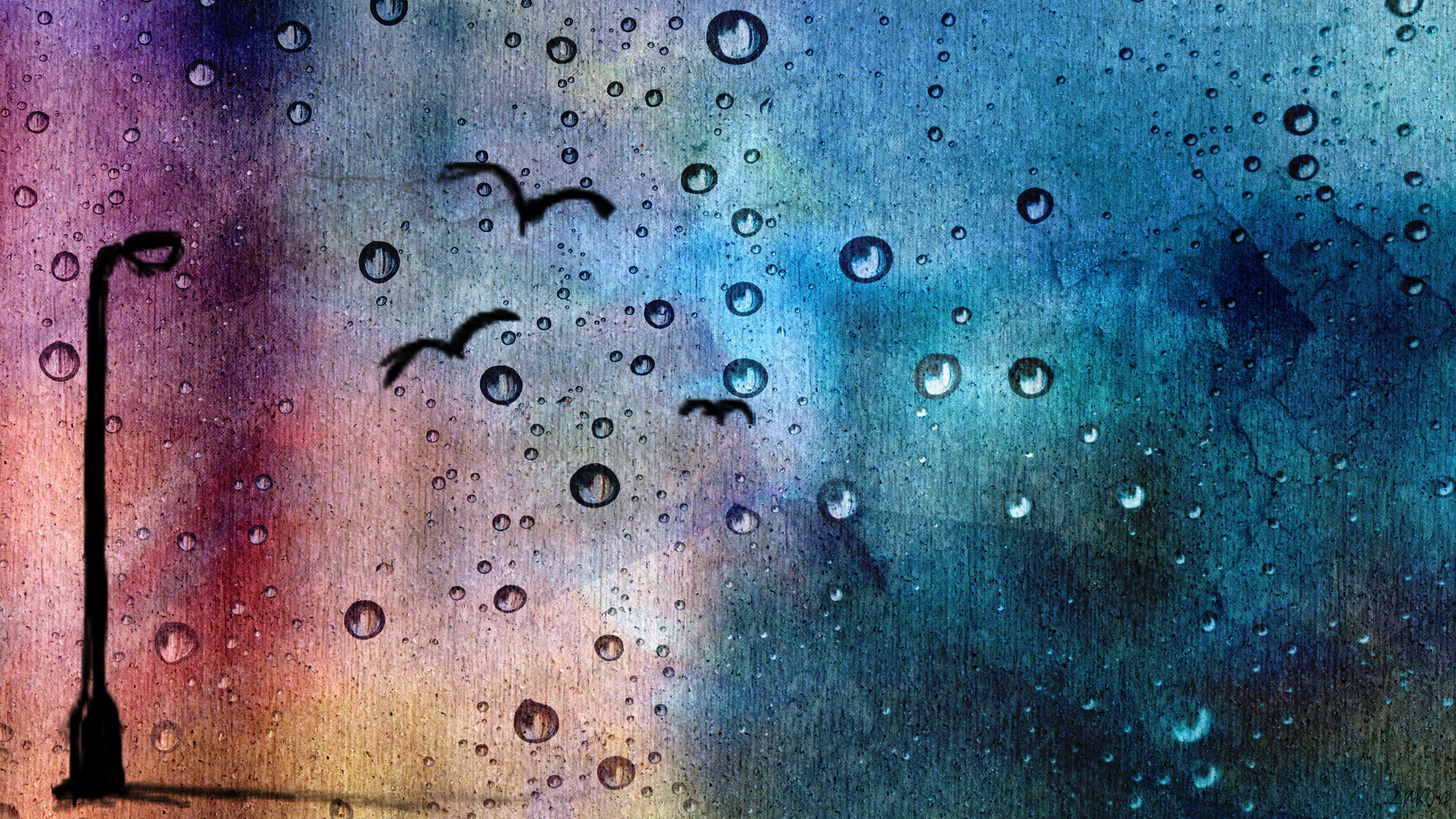 flying, 2K, water, colorful, post, lamp, hd, painting, drops, streetlight, birds, digital/artwork, bird, HD Wallpaper