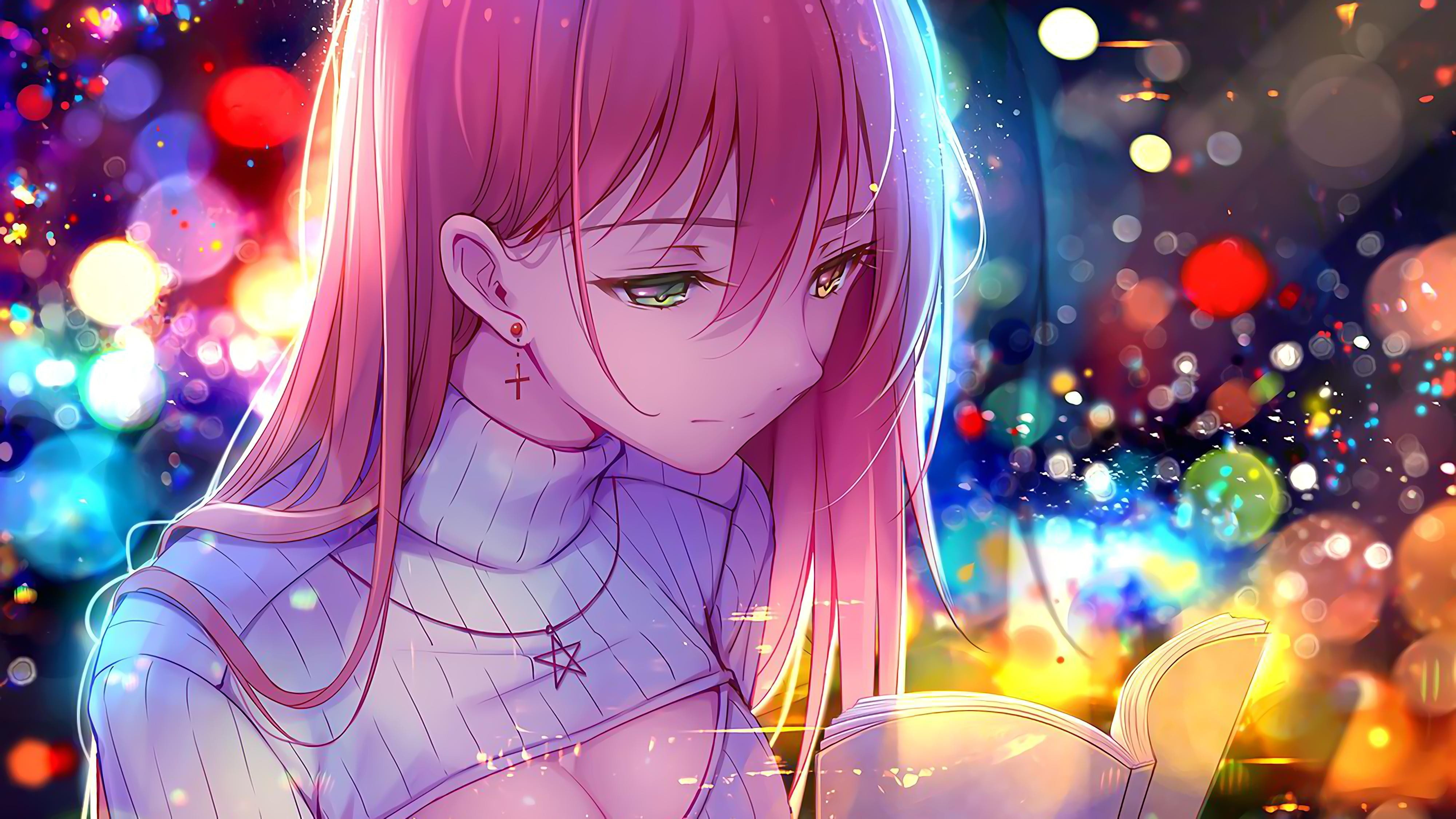 books, 4K, heterochromia, Niya, long hair, Tidsean, anime girls, bokeh, anime, original characters, HD Wallpaper
