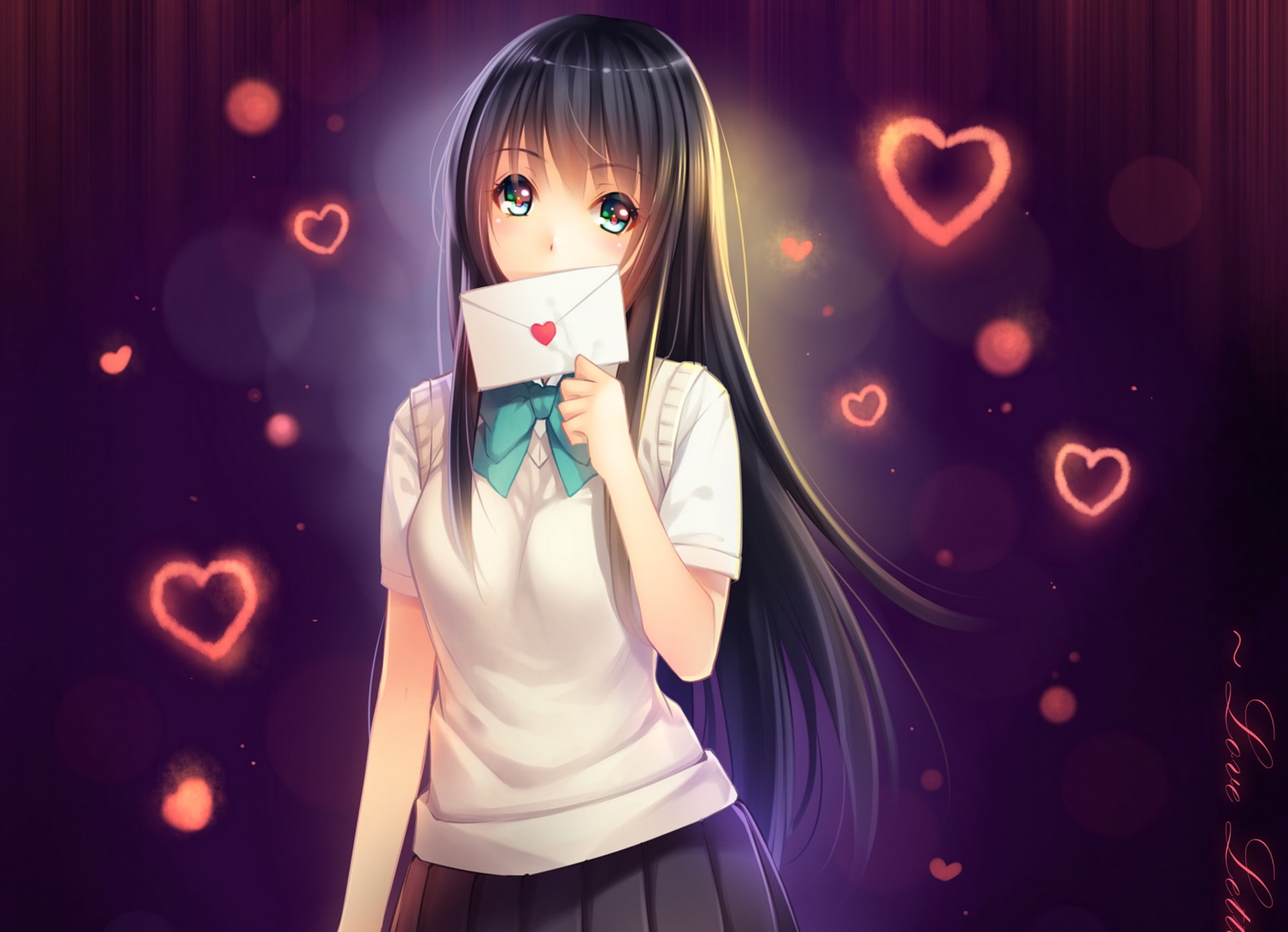 1080P, letter, forms, hearts, girl, anime, schoolgirl, art, tidsean, HD Wallpaper