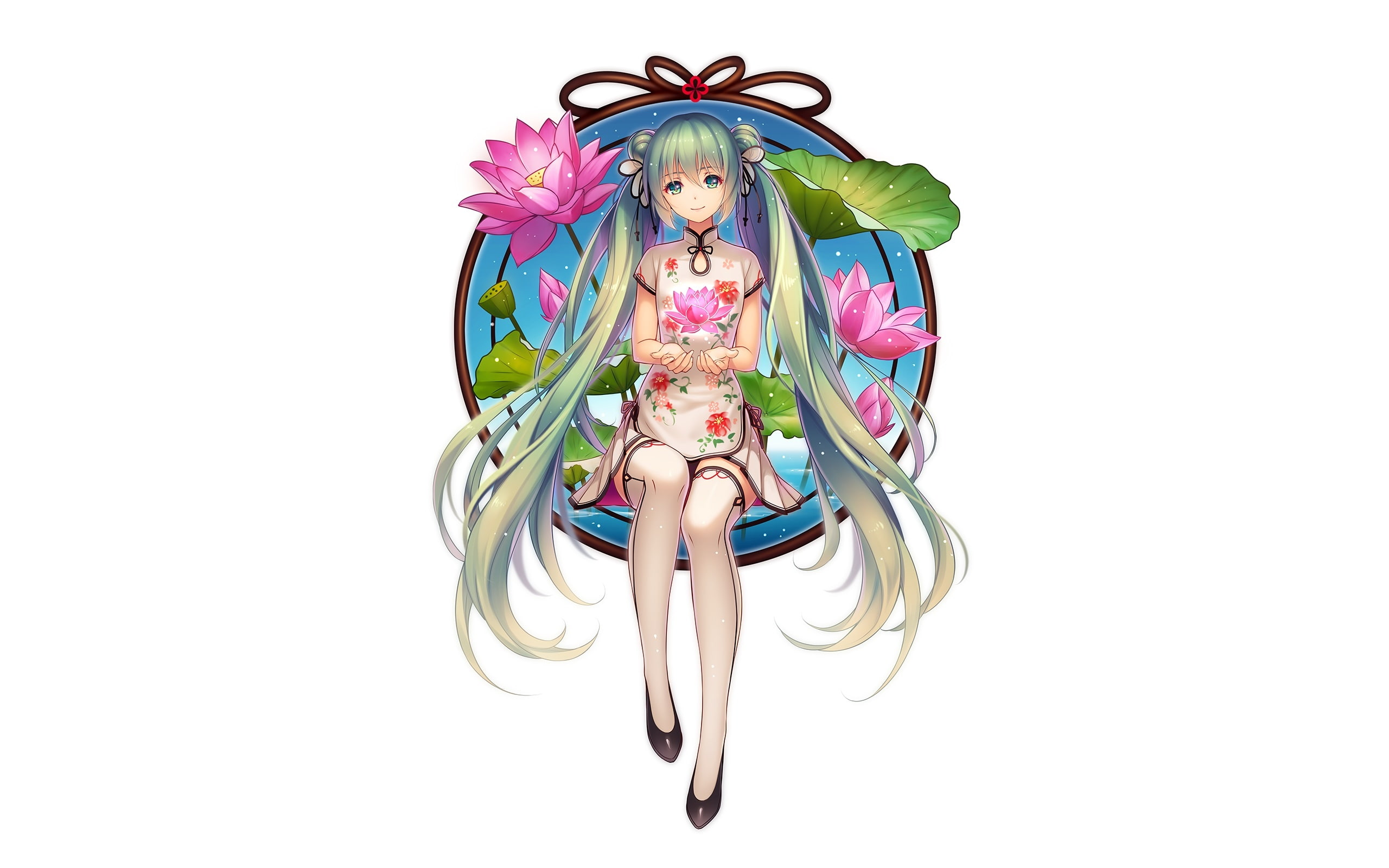 hair, twintails, tidsean, flowers, vocaloid, miku, 2K, long, hatsune, 238633, chinese, white, dress, thighhighs, clothes, com, aqua, konachan, eyes, HD Wallpaper