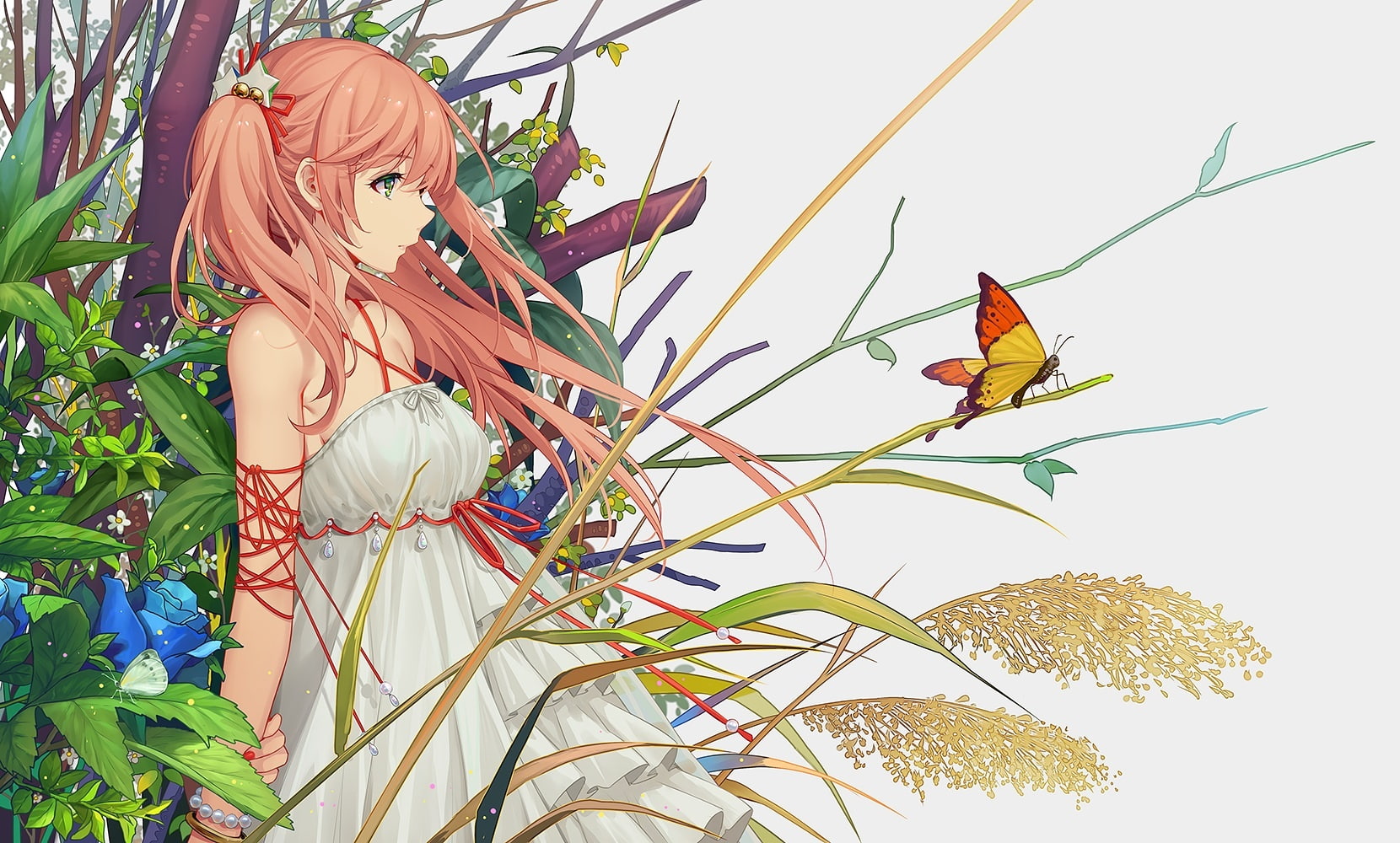 240529, orange, long, butterfly, hair, original, green, konachan, dress, tidsean, 720P, eyes, flowers, com, HD Wallpaper