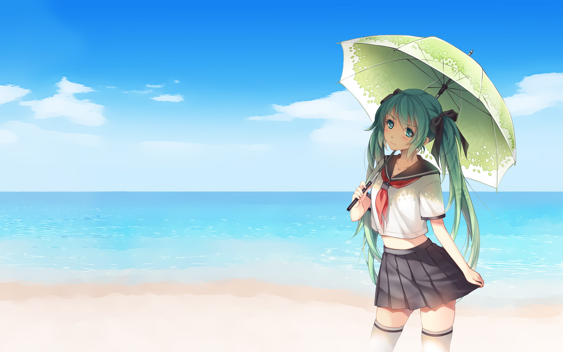 miku, aqua, tidsean, 1080P, hatsune, twintails, vocaloid, umbrella, hair, photoshop, beach, HD Wallpaper