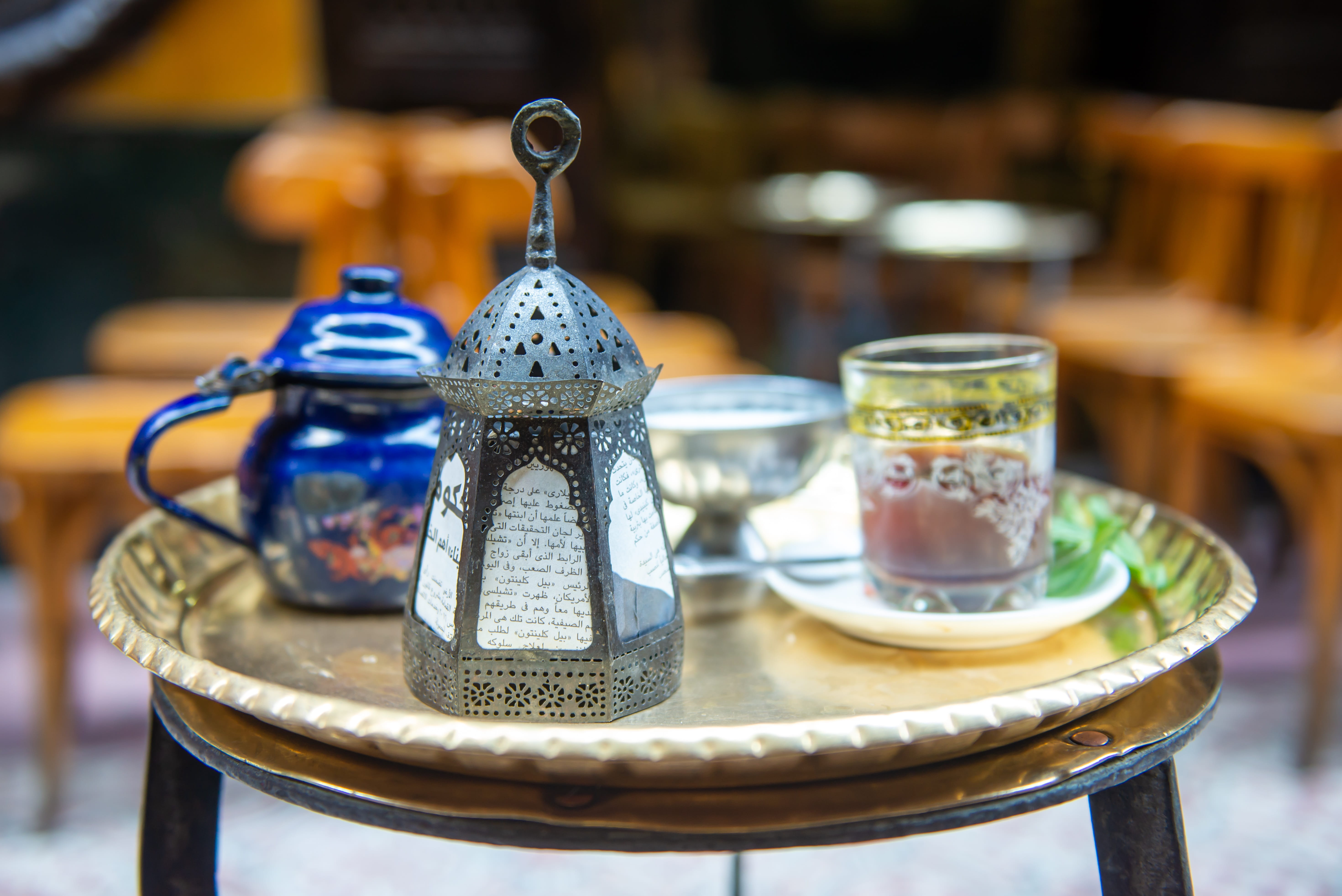 metal, still life, food and drink, focus on foreground, tea - hot drink, antique, tea, indoors, egypt, food, ramadan, tray, wood - material, teapot, lantern, HD Wallpaper