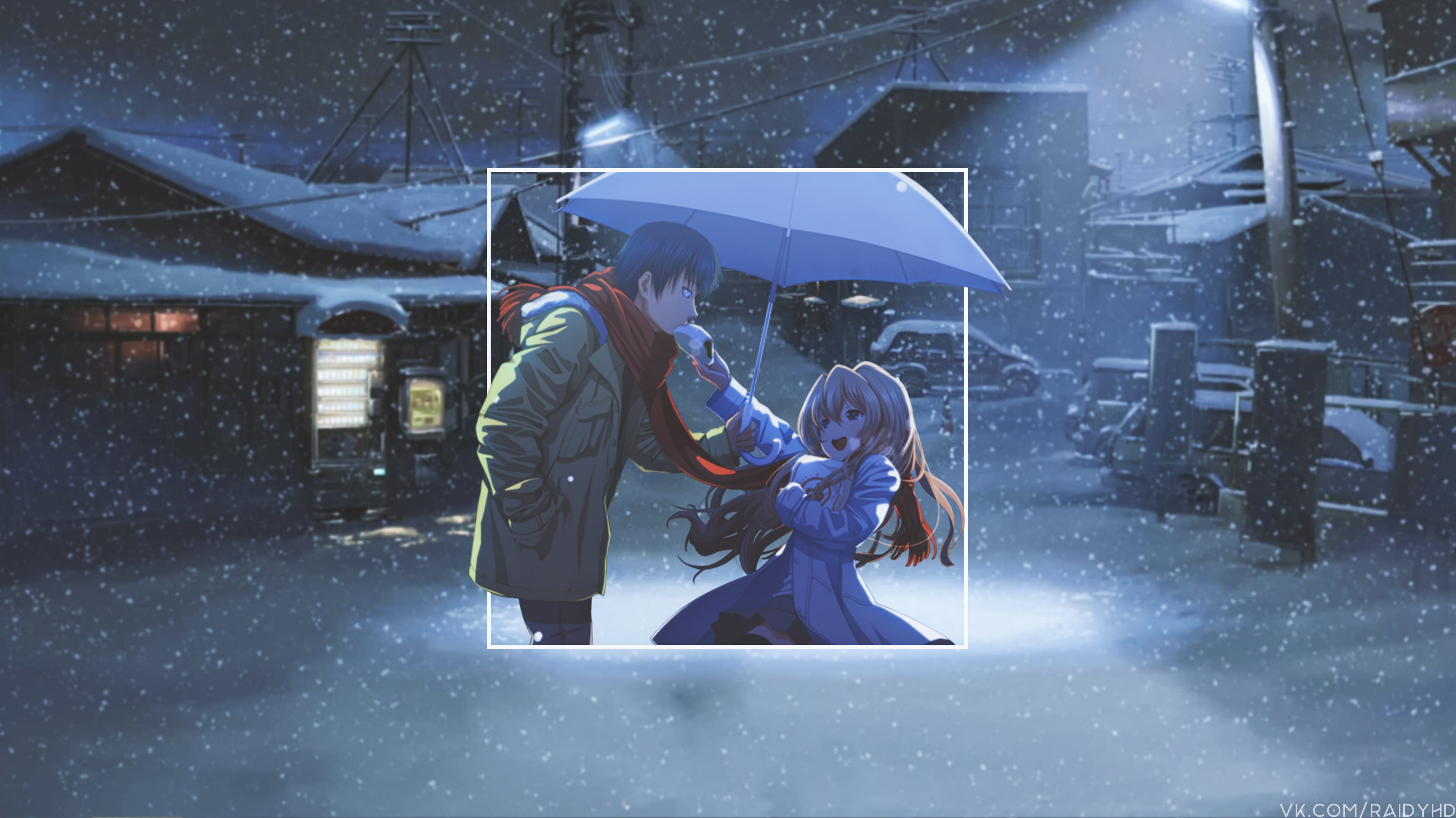 anime, picture-in-picture, anime boys, umbrella, urban, anime girls, 4K, snow, HD Wallpaper