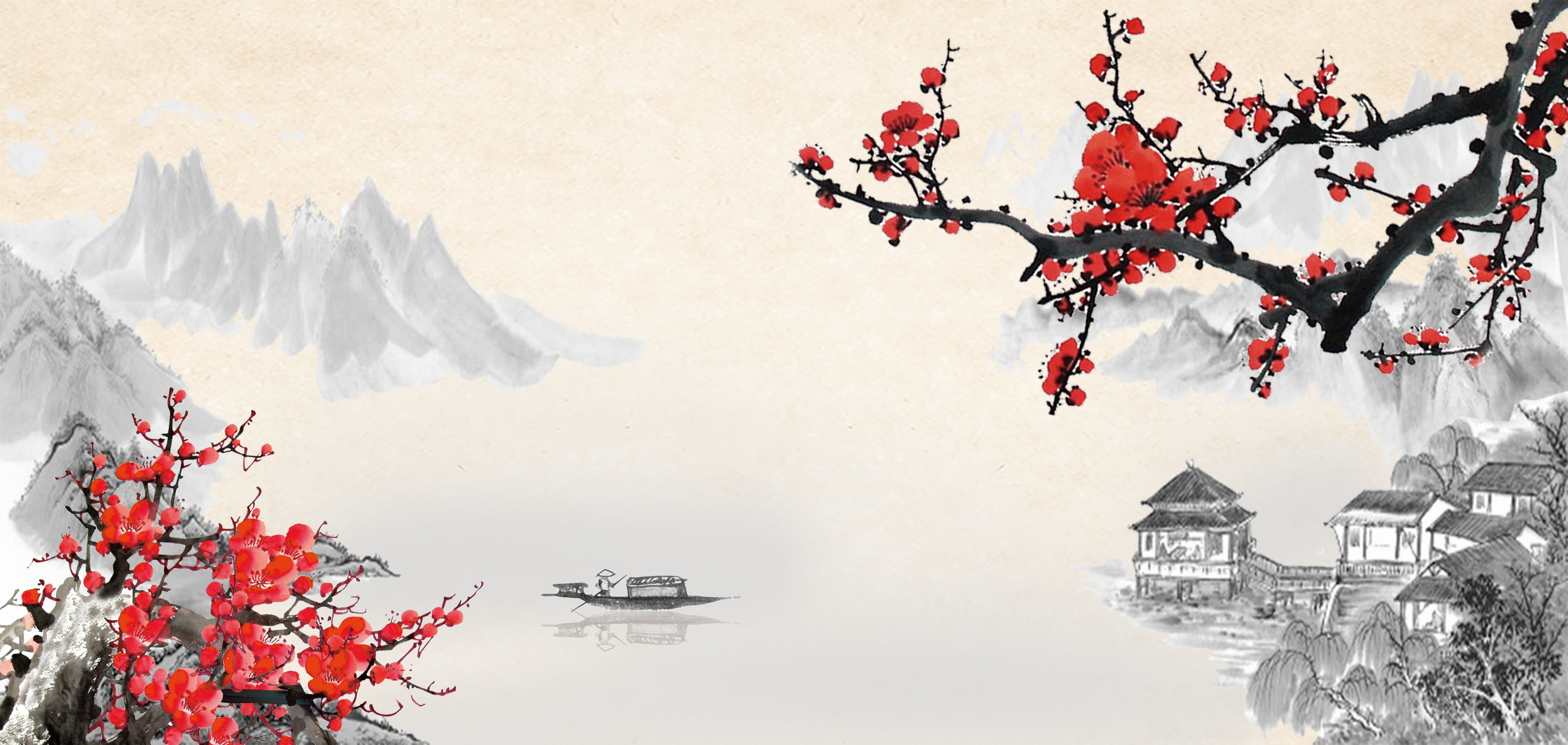 artwork, taisho, trees, showa, maple leaf, print, 4K, pagoda, Japan, red background, Asia, meiji, nihonga, HD Wallpaper