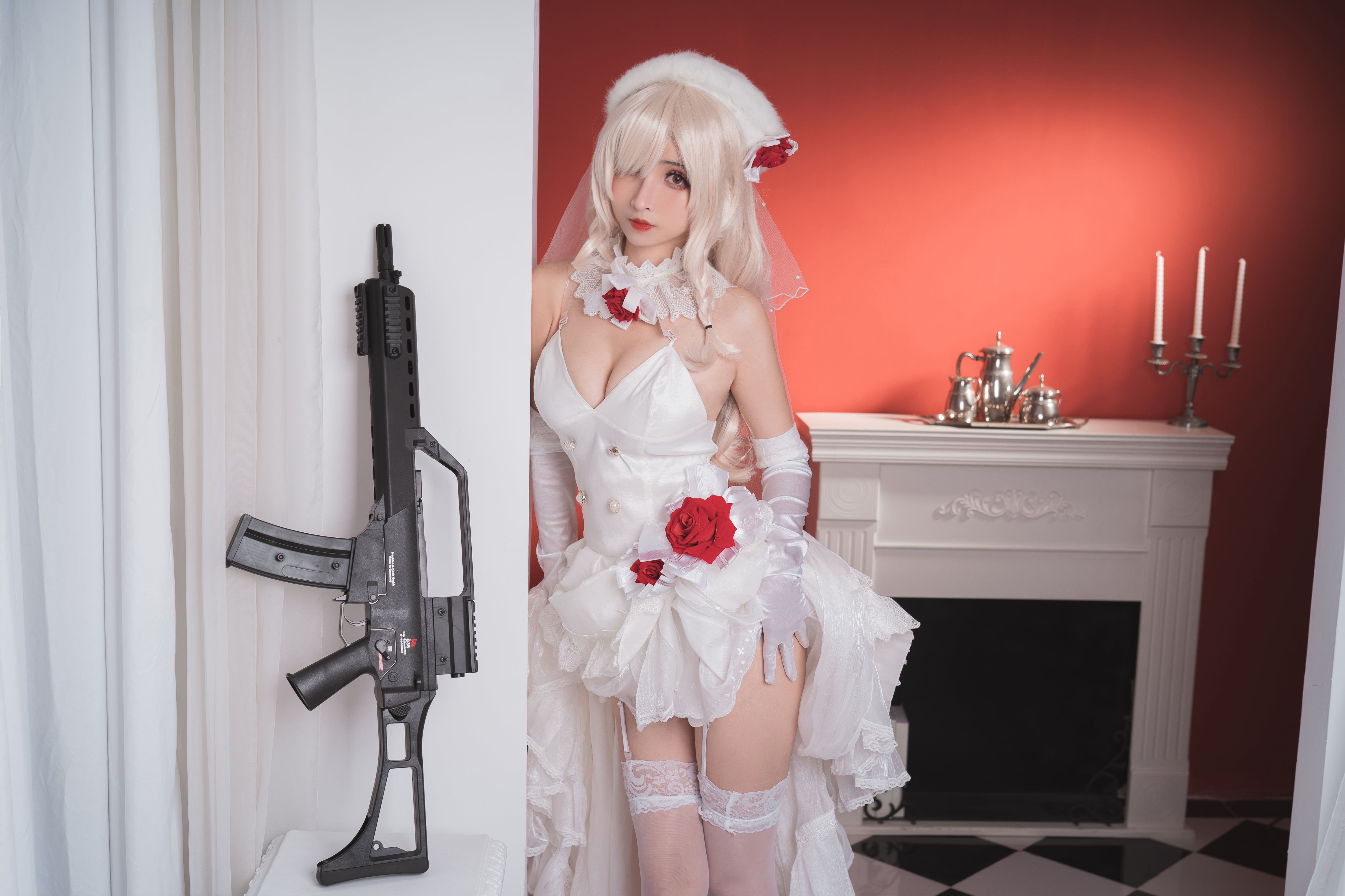 silk stockings, high heeled boots, flower crown, 5K, Fate Series, Rioko, cosplay, HD Wallpaper