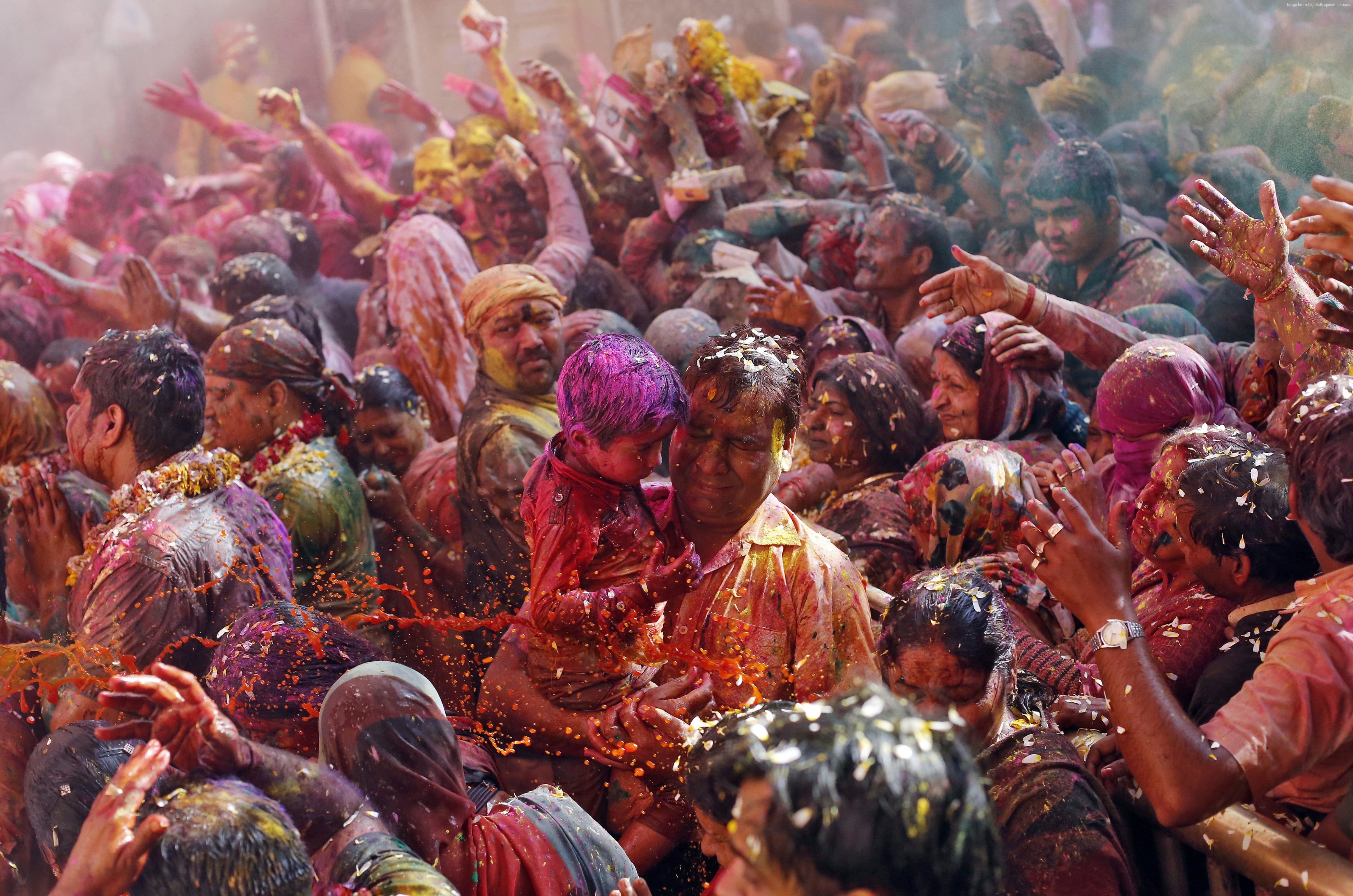 father, 4K, Indian holiday, son, Holi Festival Of Colours, colored powder, Holika, event, life, new moon, people, spring, HD Wallpaper