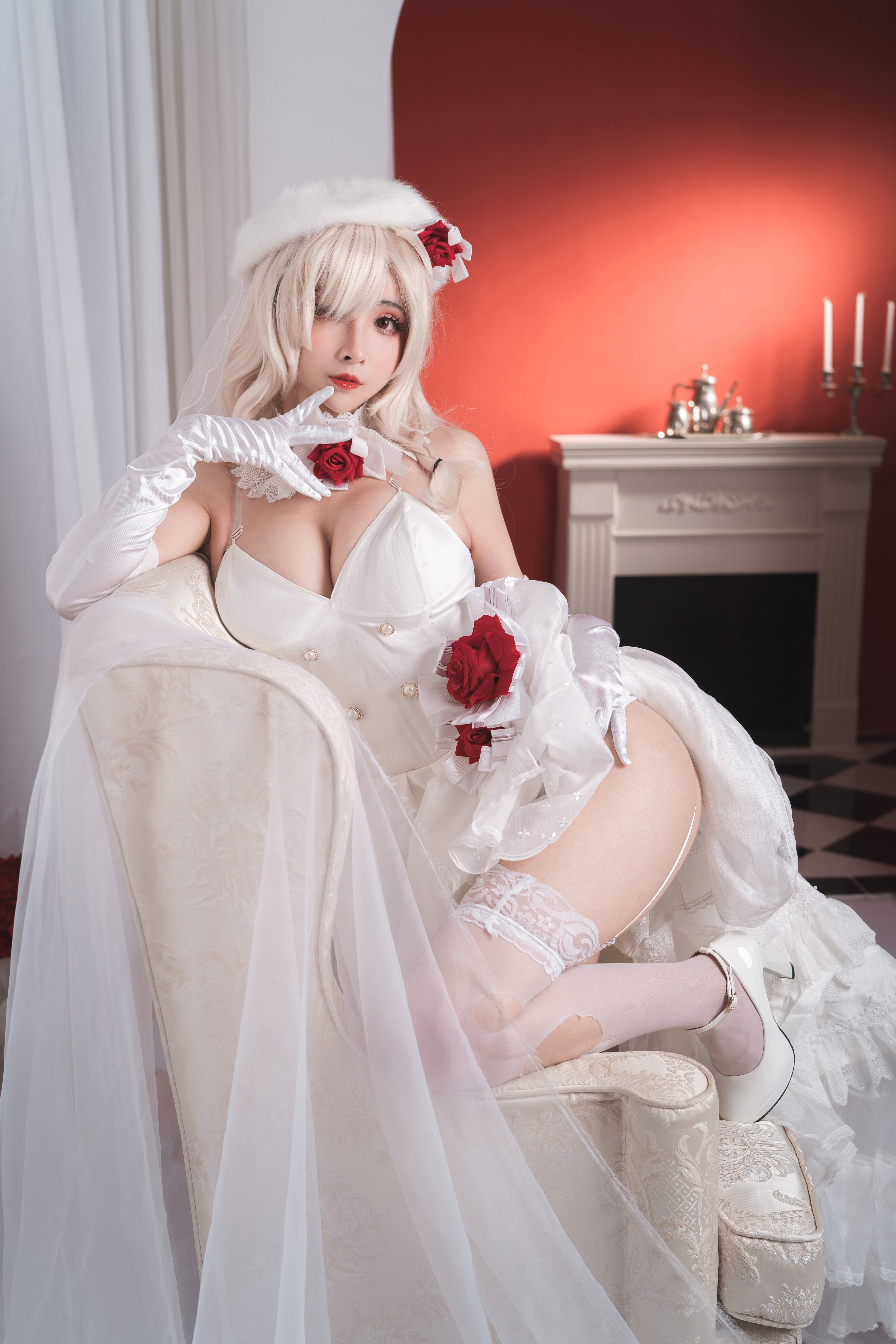 Rioko, 5K, Fate Series, cosplay, flower crown, high heeled boots, silk stockings, Phone HD Wallpaper