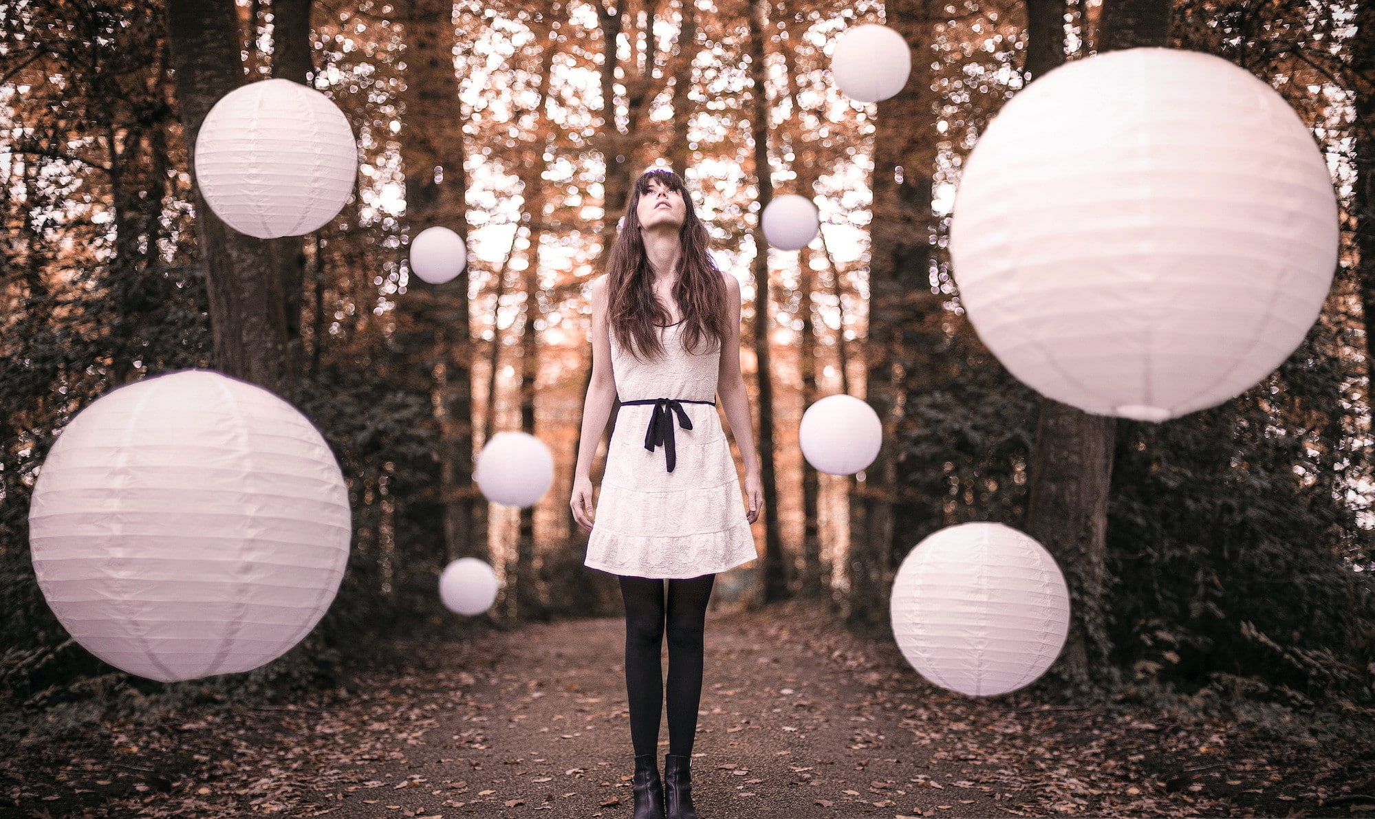 white dress, looking up, women, brunette, paper lantern, 1080P, HD Wallpaper