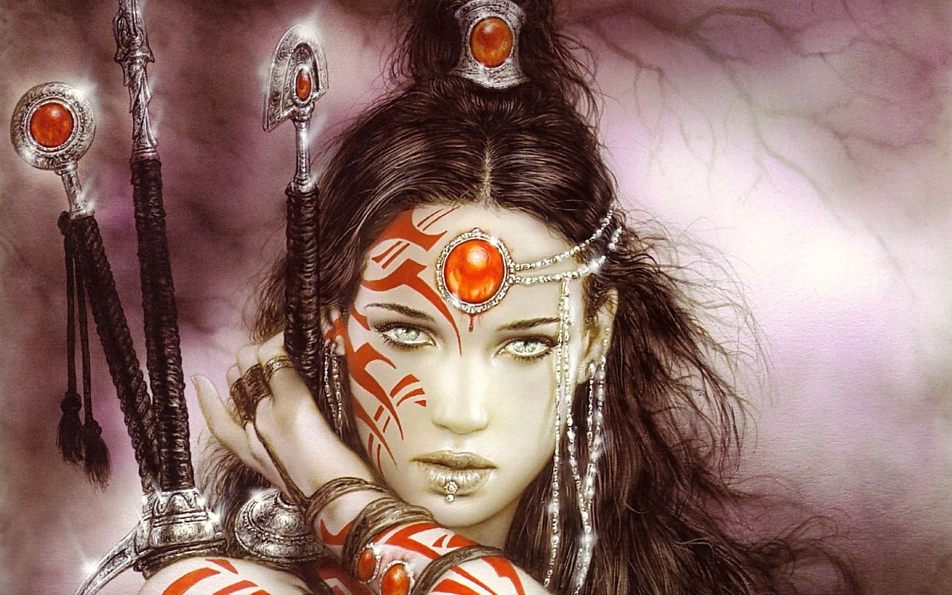 fantasy, women, warrior, royo, luis, jewelry, face, art, 1080P, weapons, sword, HD Wallpaper