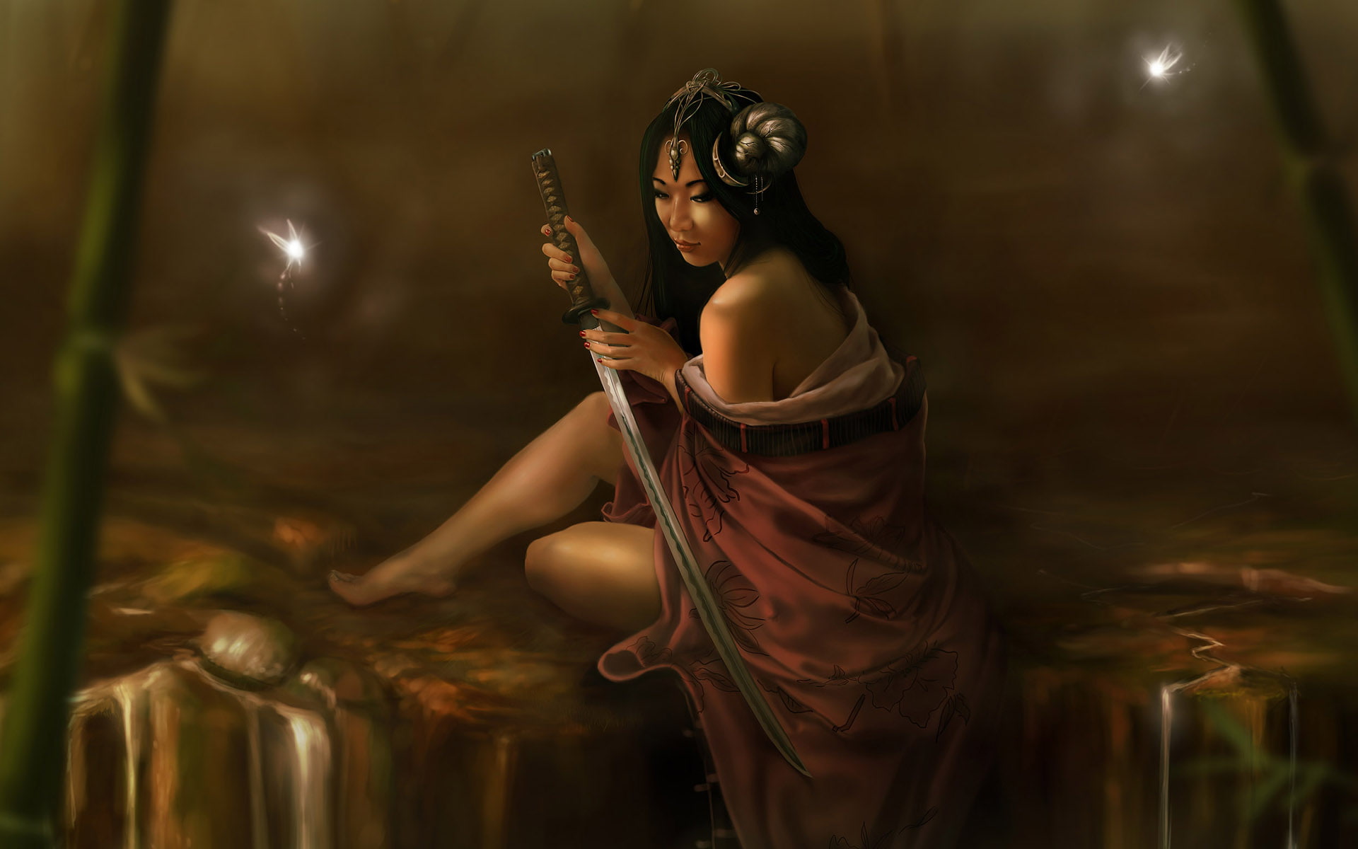 fashion, art, young adult, 1080P, young women, asians, clothing, Women, one person, side view, beautiful woman, swords, holding, dancing, hair, adult, HD Wallpaper