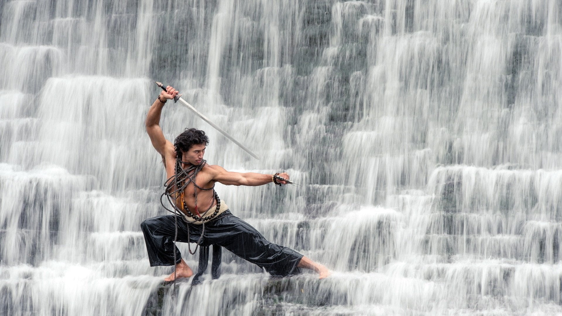 Weapon, Sports, Oriental, power in nature, men, s, Martial Arts, motion, long exposure, Sword, 1080P, beauty in nature, human arm, Waterfall, arms outstretched, HD Wallpaper