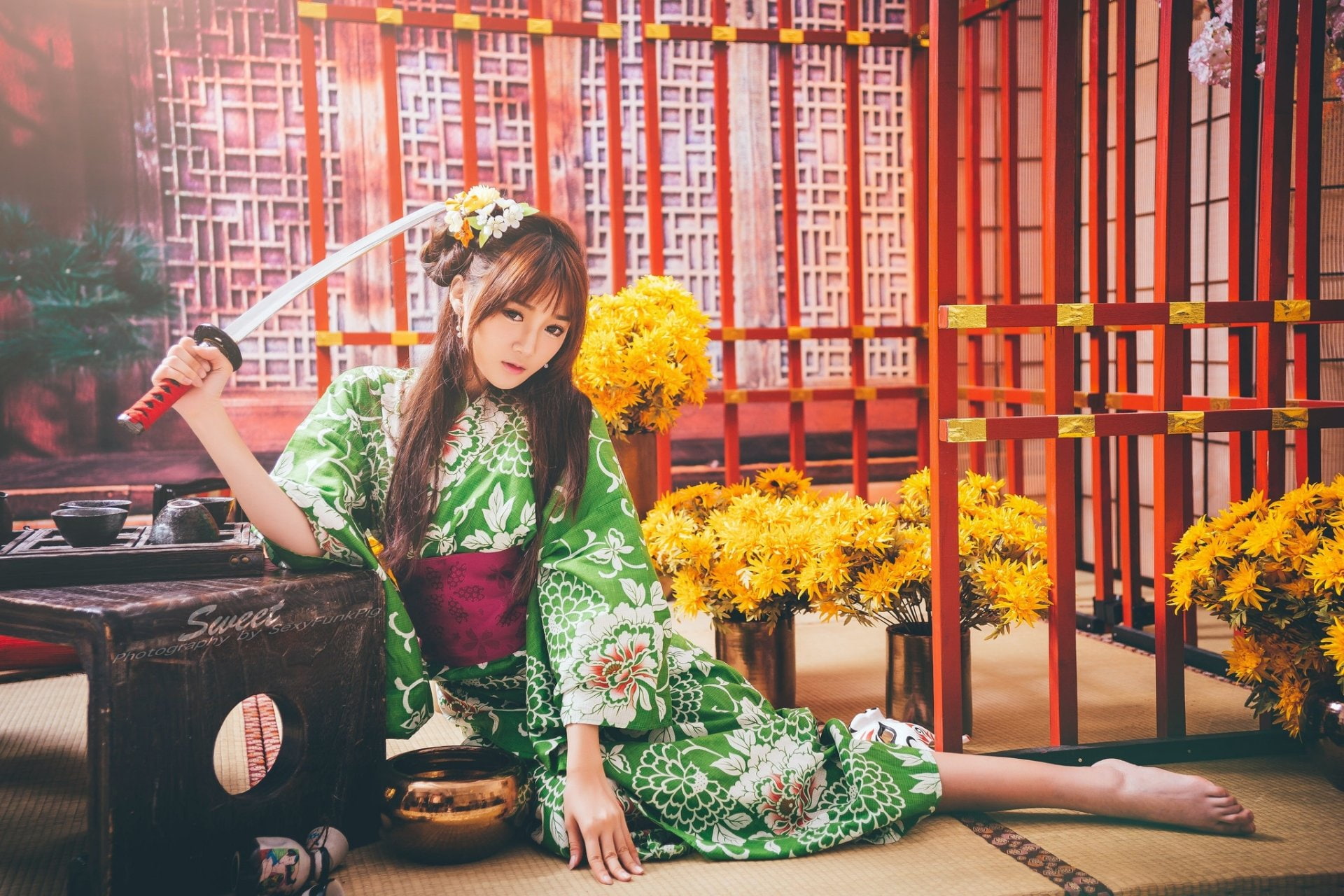 Yellow Flower, Asian, Women, Model, 1080P, Sword, Oriental, Woman, Brunette, Long Hair, Girl, Kimono, HD Wallpaper