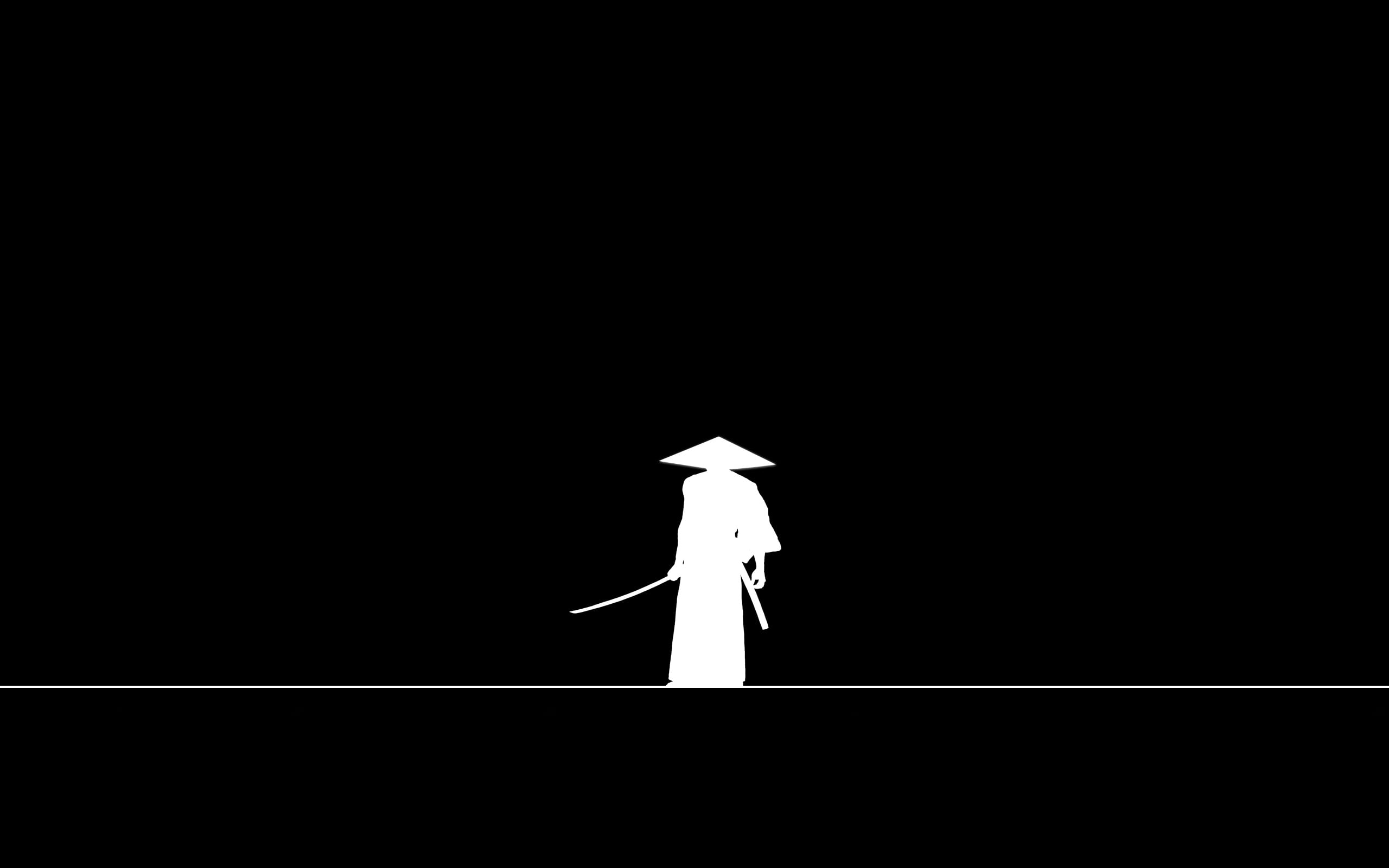 warrior, weapon, 2K, Samurai, man, sword, hat, line, minimalism, kimono, black background, katana, silhouette, simple background, HD Wallpaper