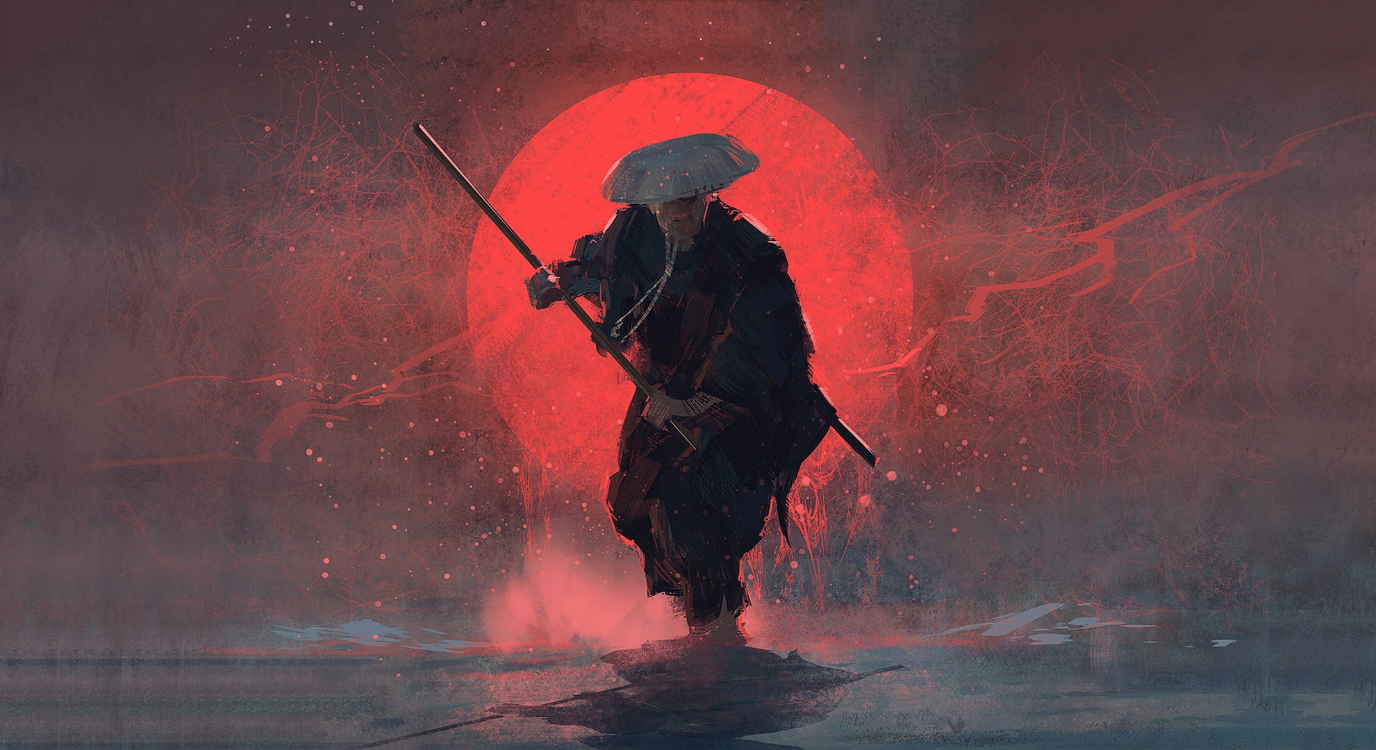 artwortk, sword, art, weapon, Samurai, man, hat, stick, digital art, sun, warrior, red sun, 1080P, painting, HD Wallpaper