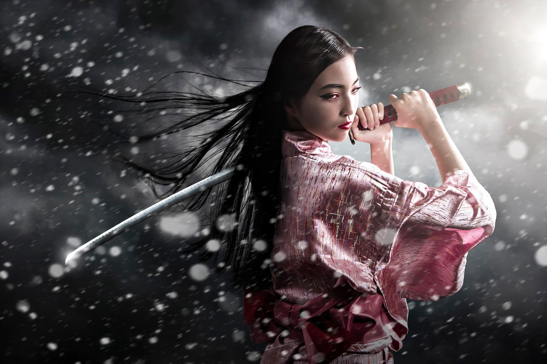 Sword, adult, women, young adult, holding, Samurai, focus on foreground, young women, hair, one person, snow, lifestyles, beauty, waist up, nature, beautiful woman, HD Wallpaper