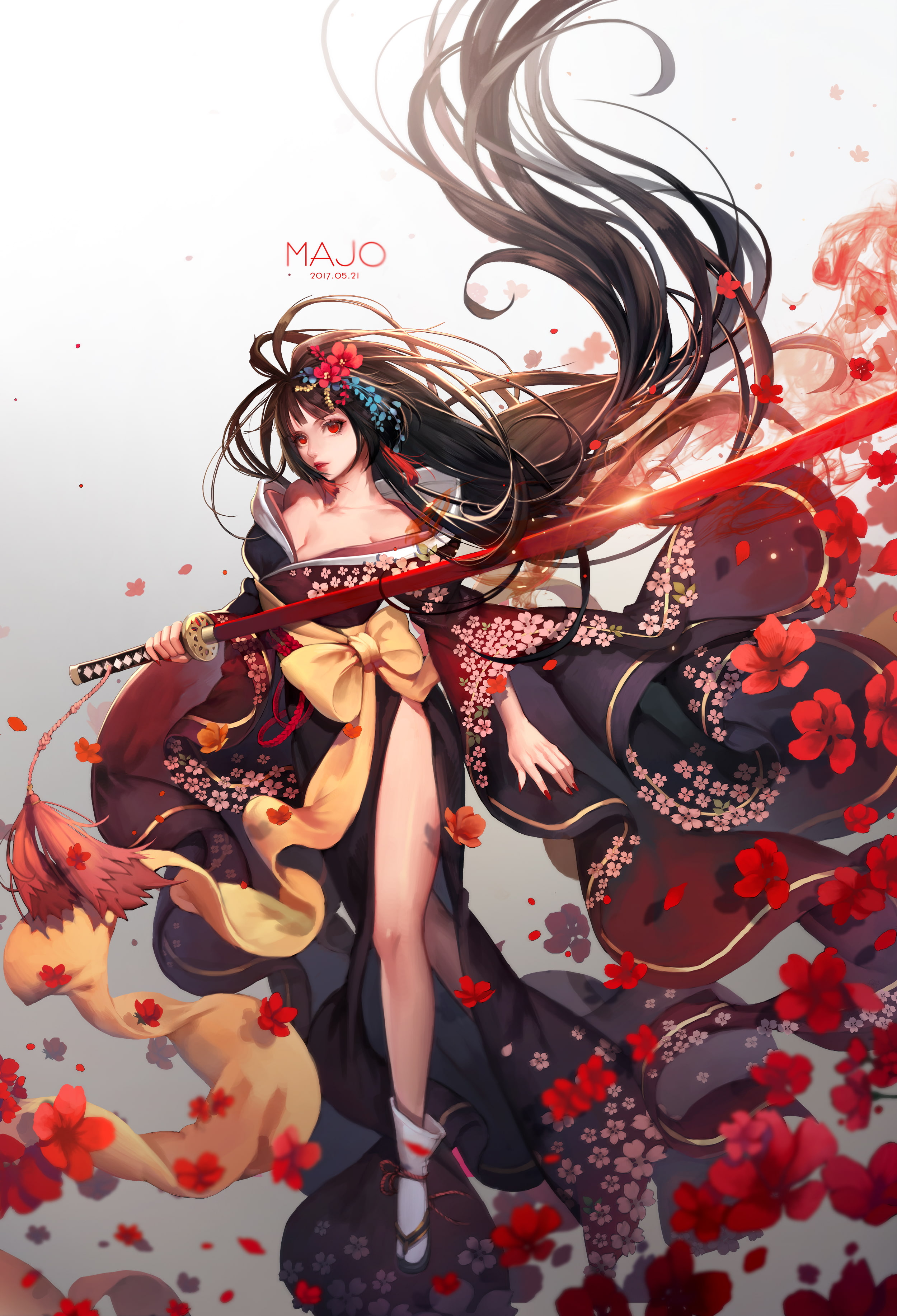 2K, kimono, flowers, sword, red eyes, ribbon, brunette, Phone HD Wallpaper