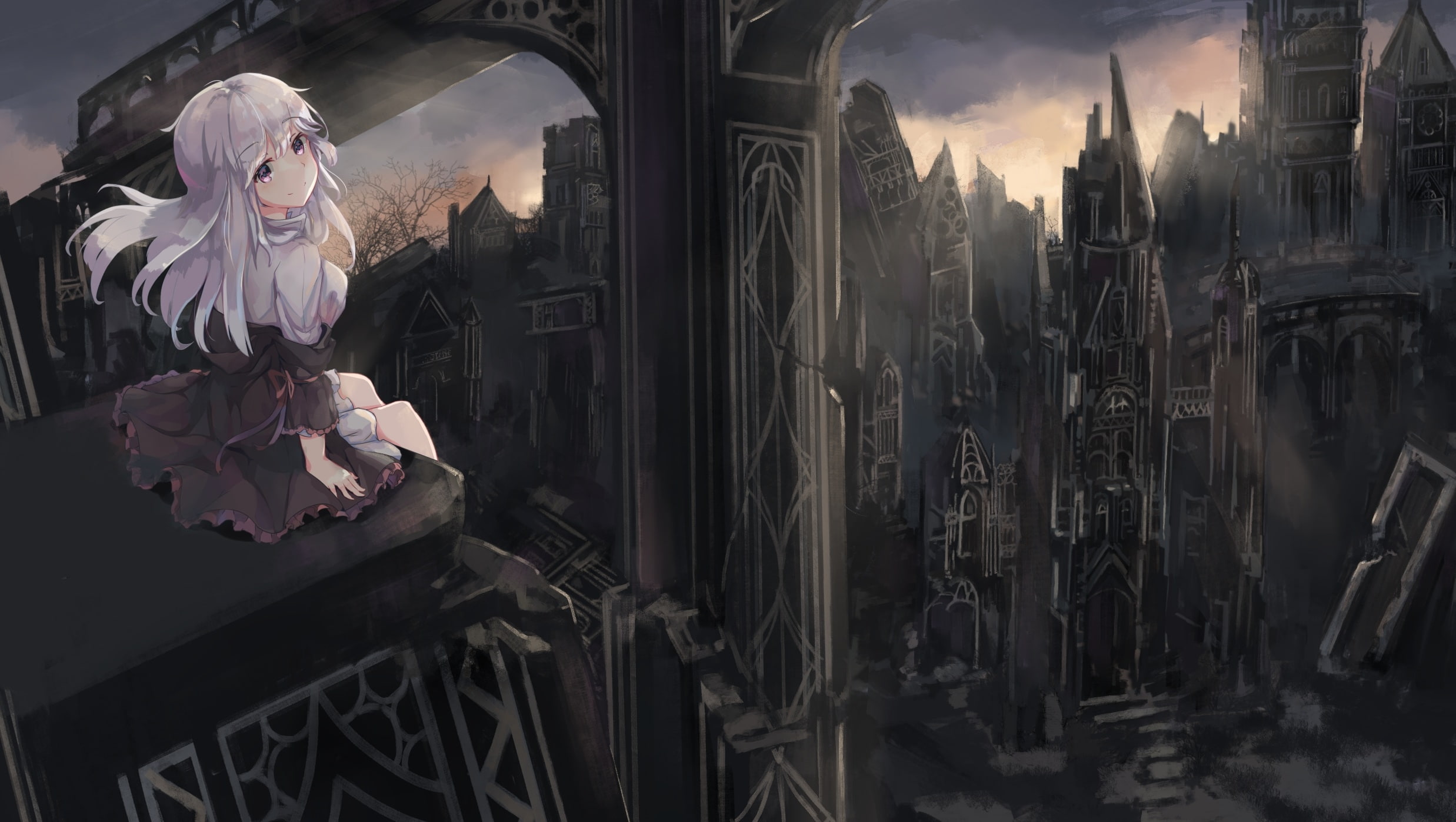 window, creativity, Anime, architecture, reflection, indoors, white hair, no people, sculpture, gothic anime girl, statue, building, glass - material, 1080P, HD Wallpaper