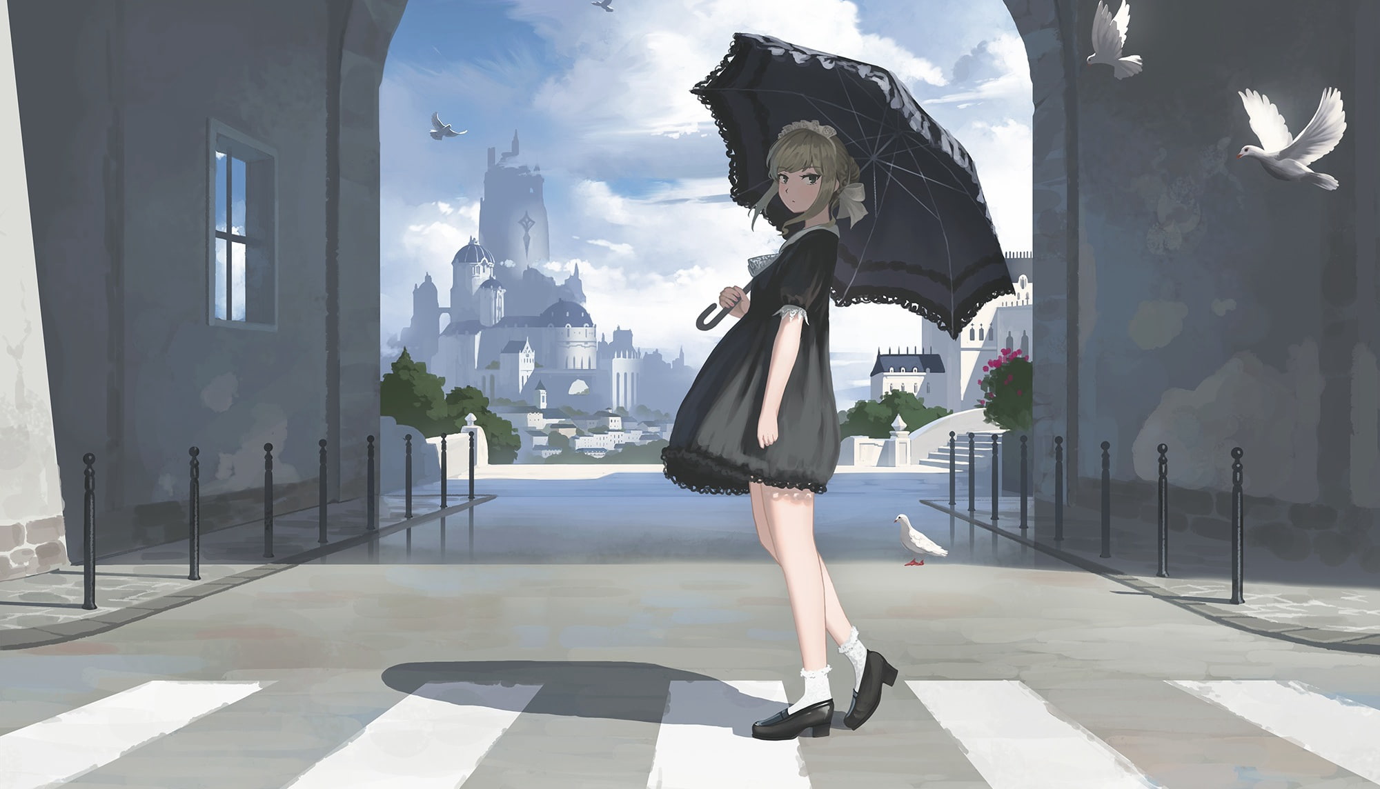 anime, 1080P, looking at viewer, umbrella, street, anime girls, black dress, birds, dress, blonde, Gothic, HD Wallpaper