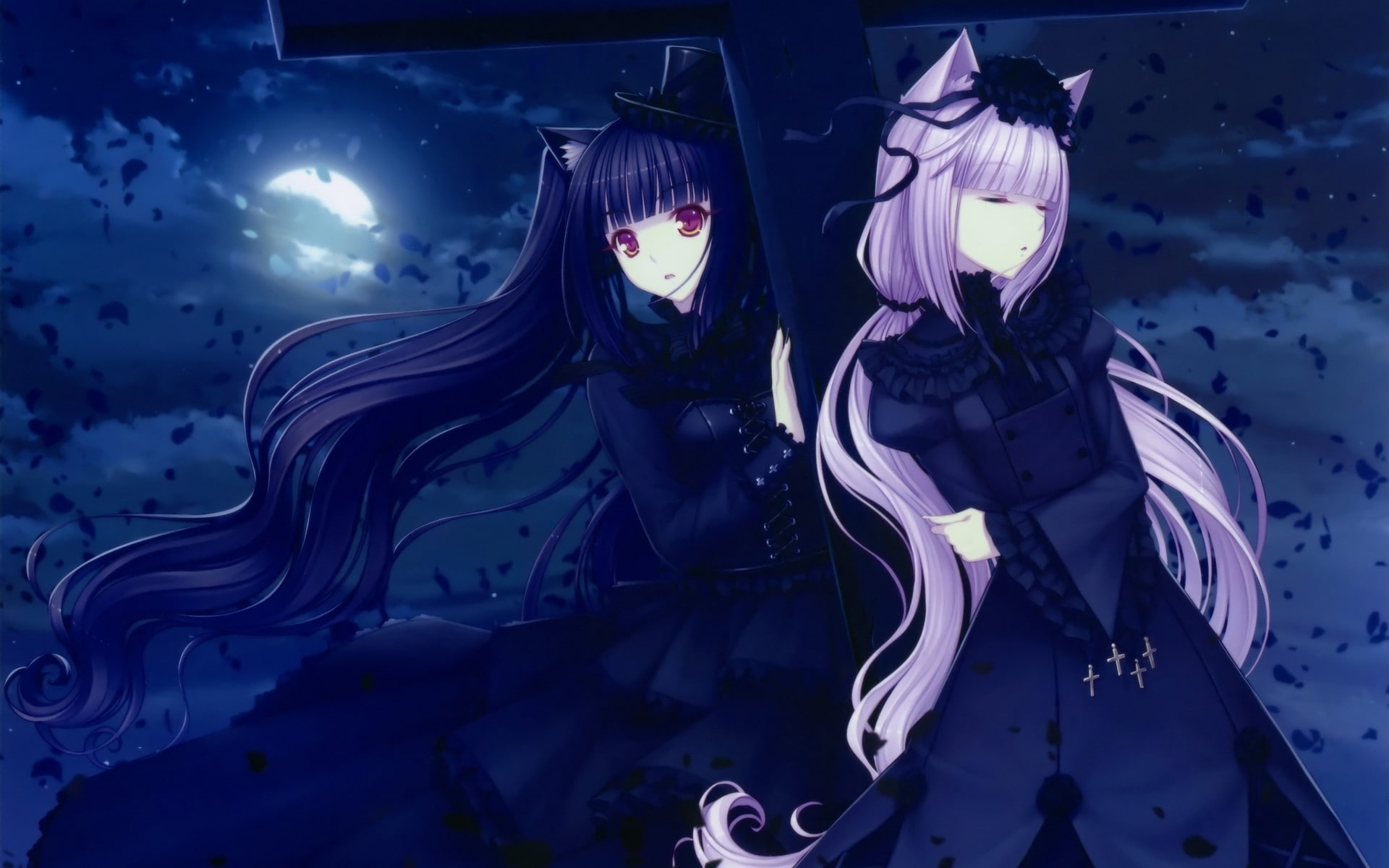 Chocolat (Neko Para), Vanilla (Neko Para), Neko Para, anime girls, Sayori, nekomimi, anime, visual novel, cat girl, 1080P, fantasy girl, Moon, Gothic, HD Wallpaper