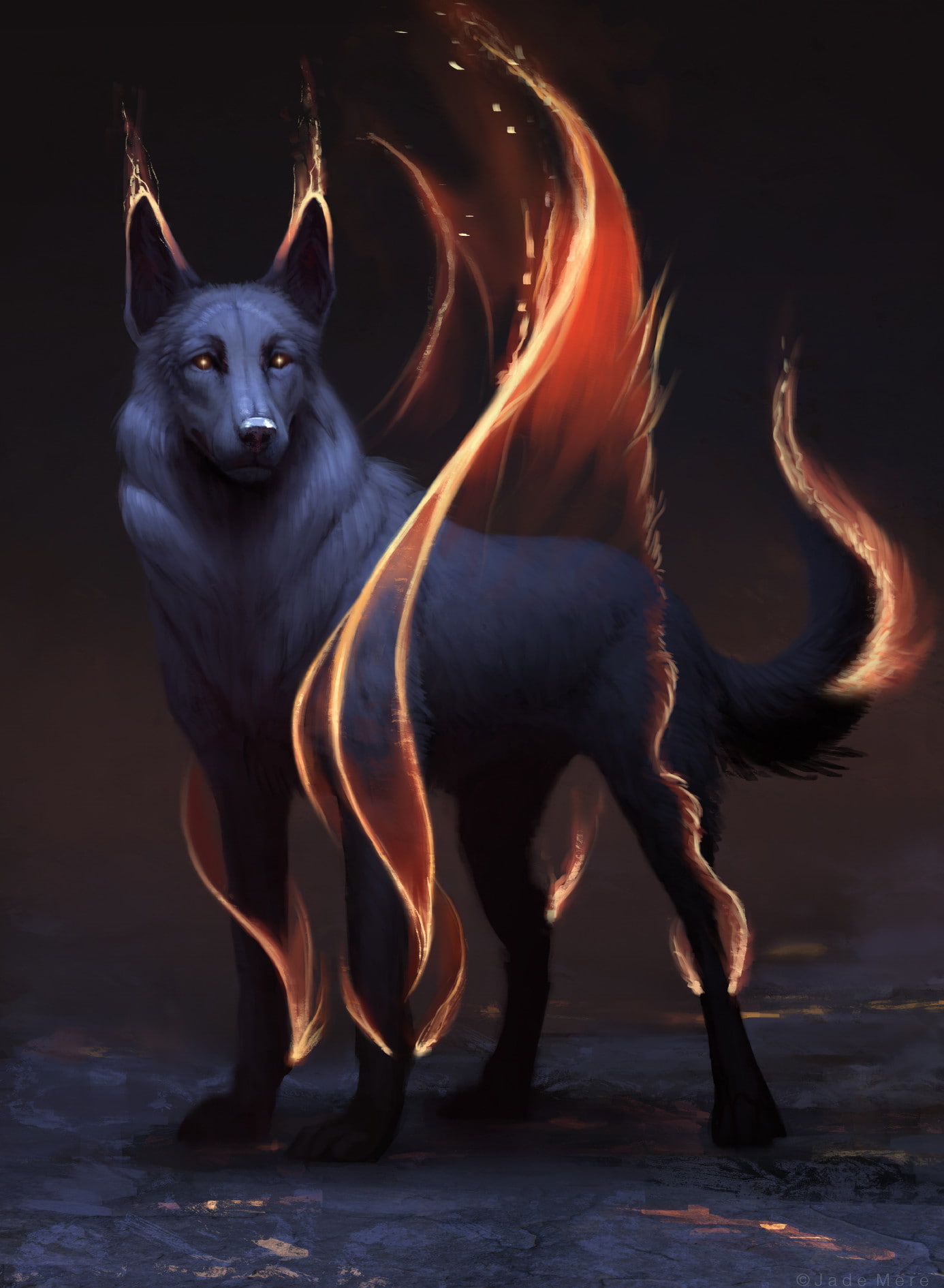 animals, Jade Mere, wolf, fire, 720P, concept art, Phone HD Wallpaper