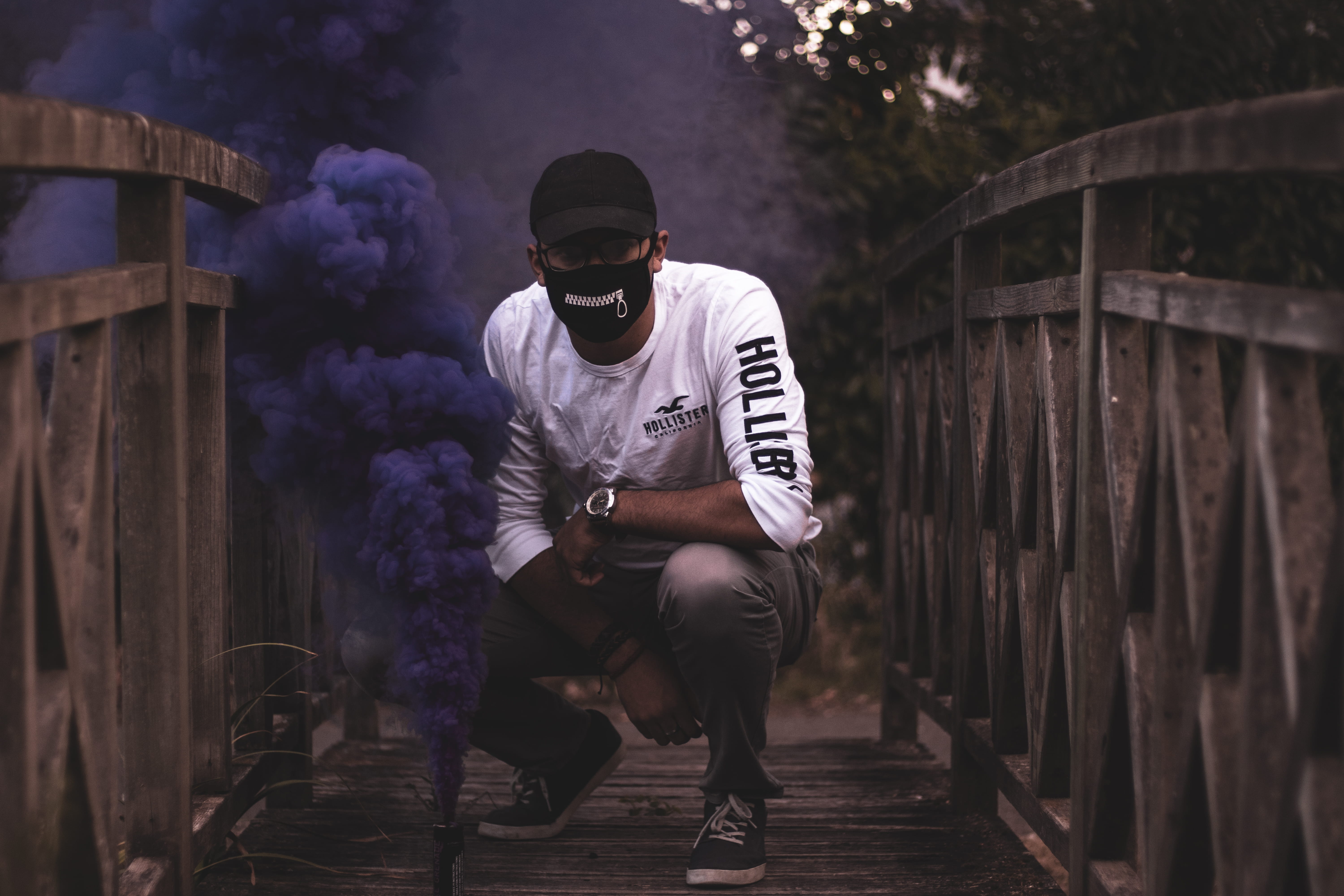 human, sunglasses, 5K, fog, man, clothing, mask, young men, glasses, young adult, outdoors, person, standing, leisure activity, style, bench, tree, smog, HD Wallpaper